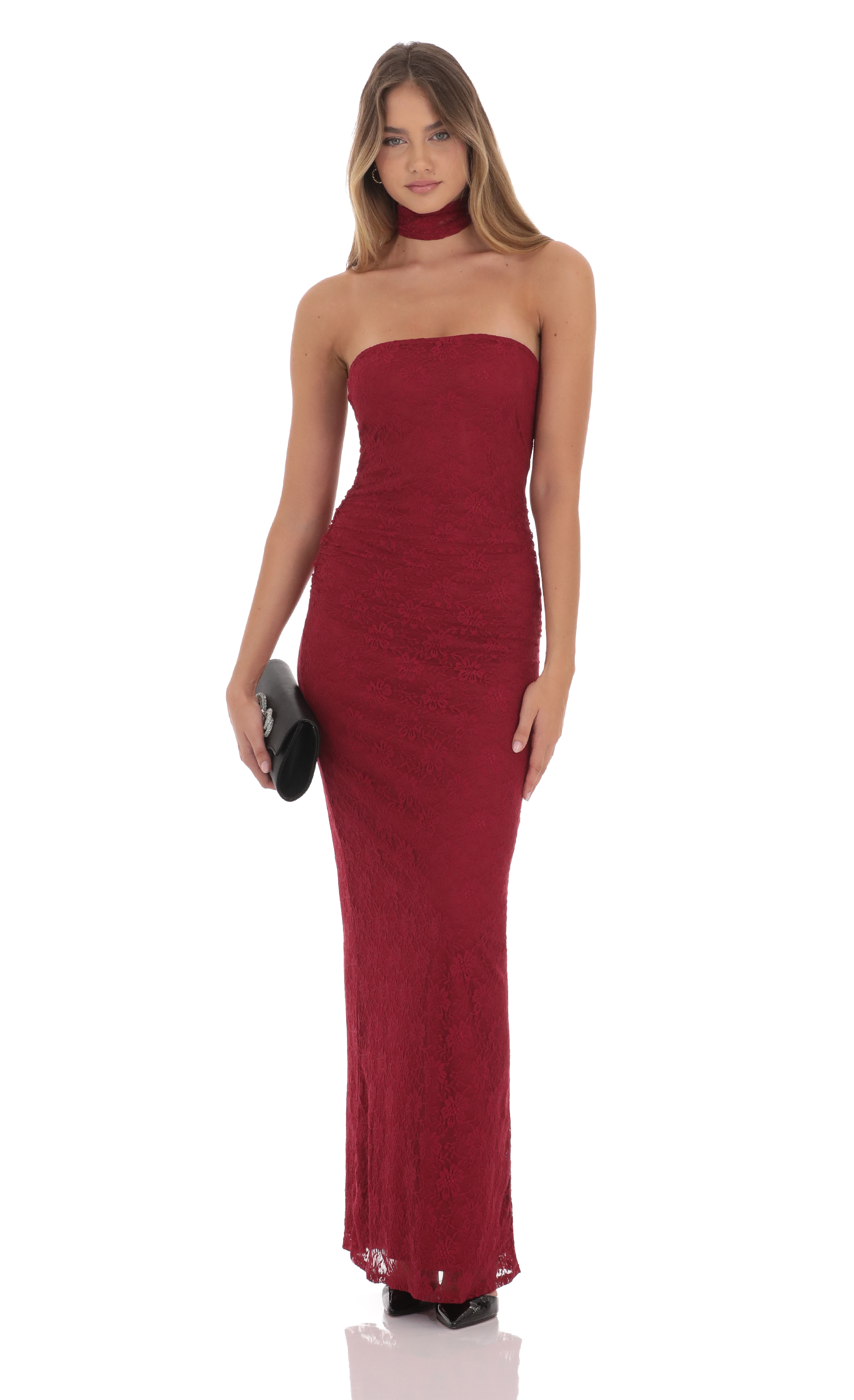 Scarf Lace Maxi Dress in Maroon-My Sky Diva