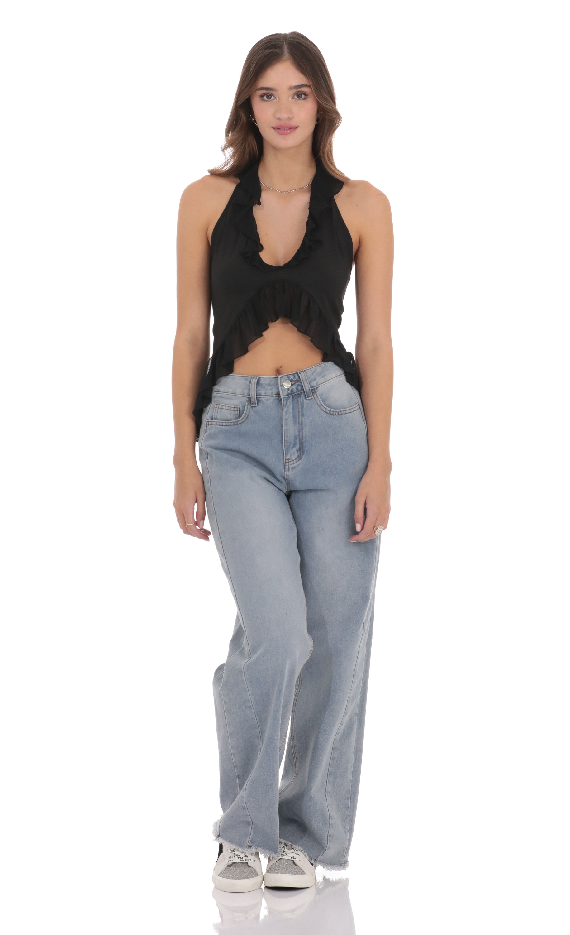 Ruffle Flyaway Top in Black-My Sky Diva