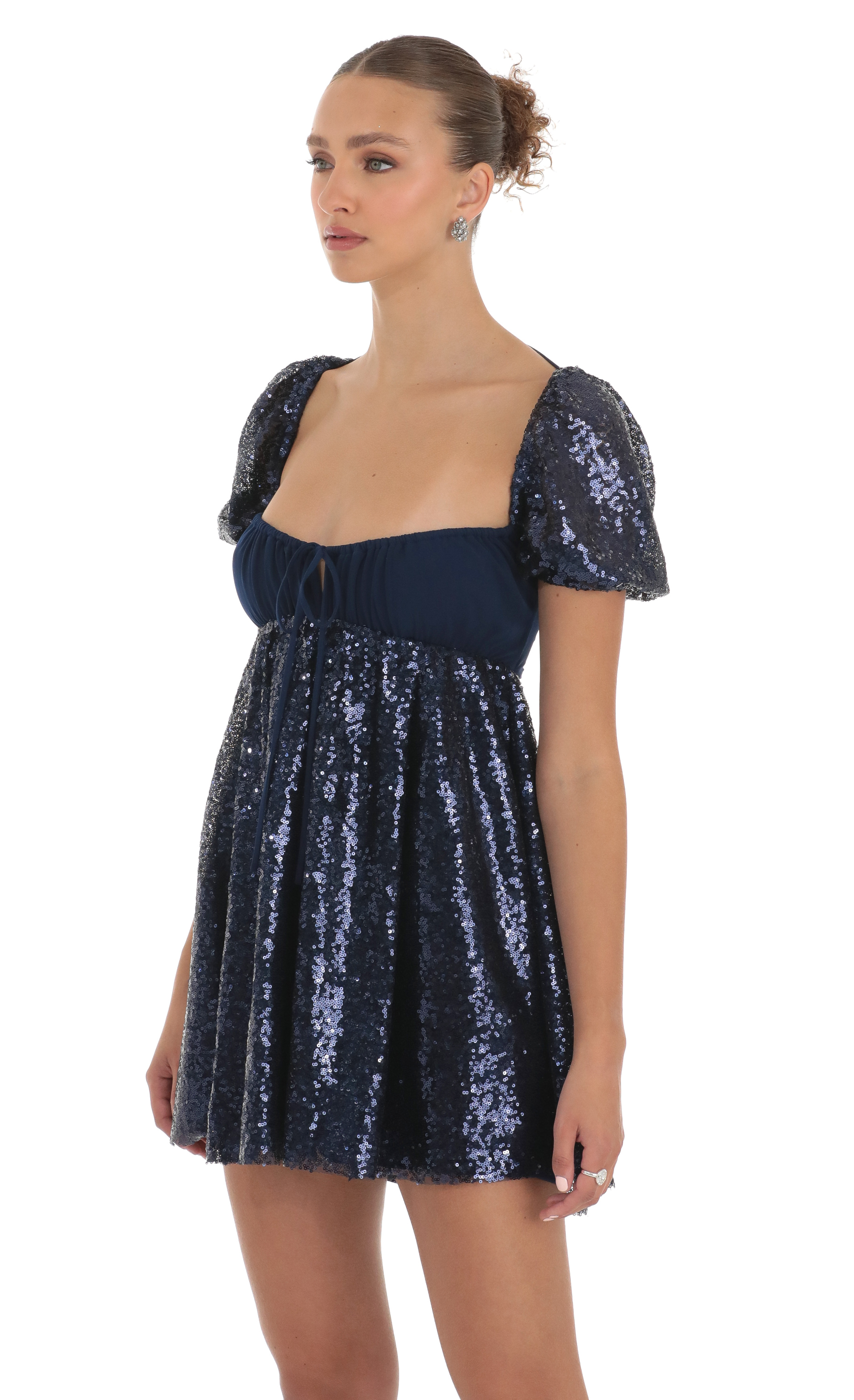 Sequin Puff Sleeve Baby Doll Dress in Navy-My Sky Diva
