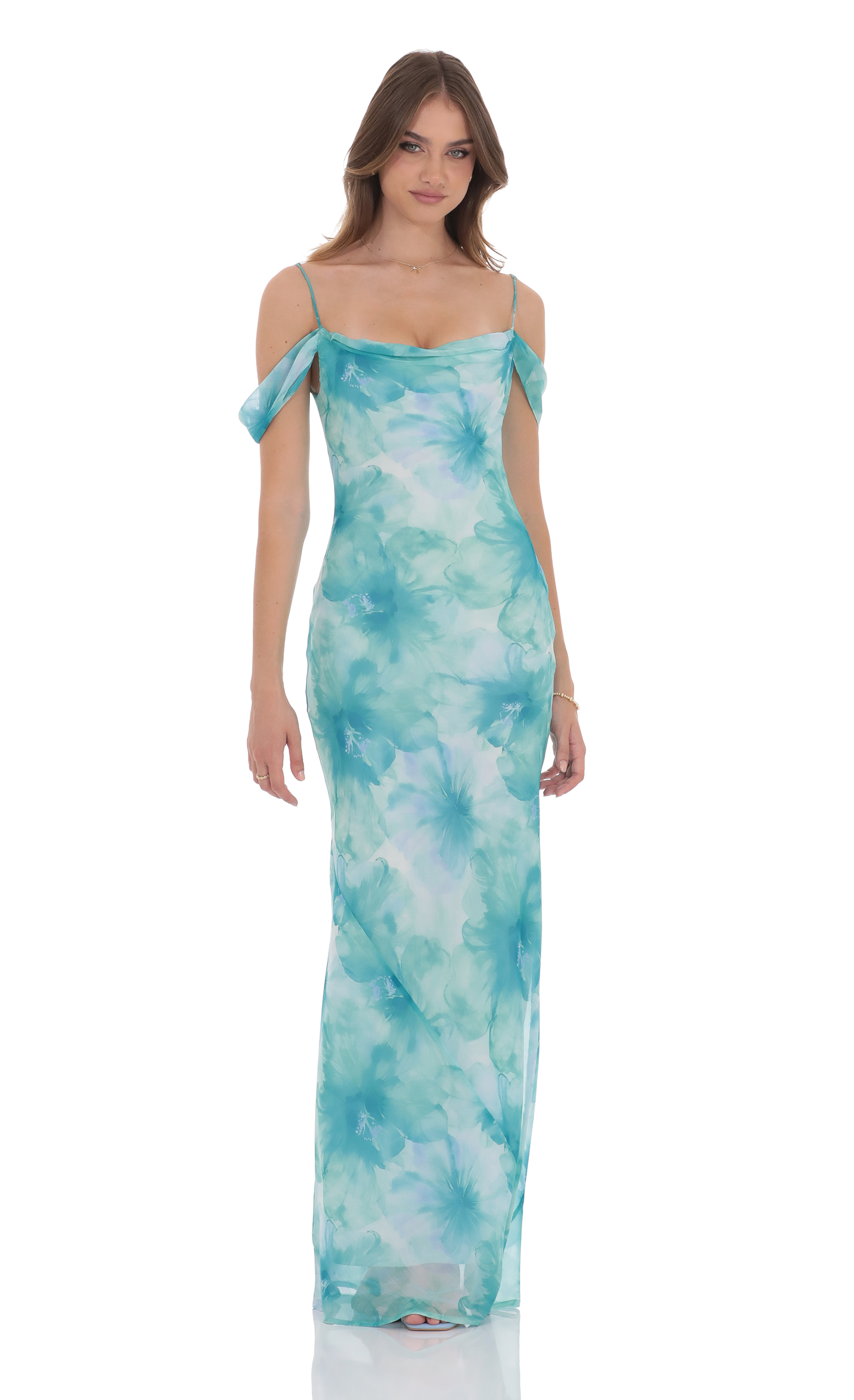 Floral Off Shoulder Maxi Dress in Aquamarine-My Sky Diva