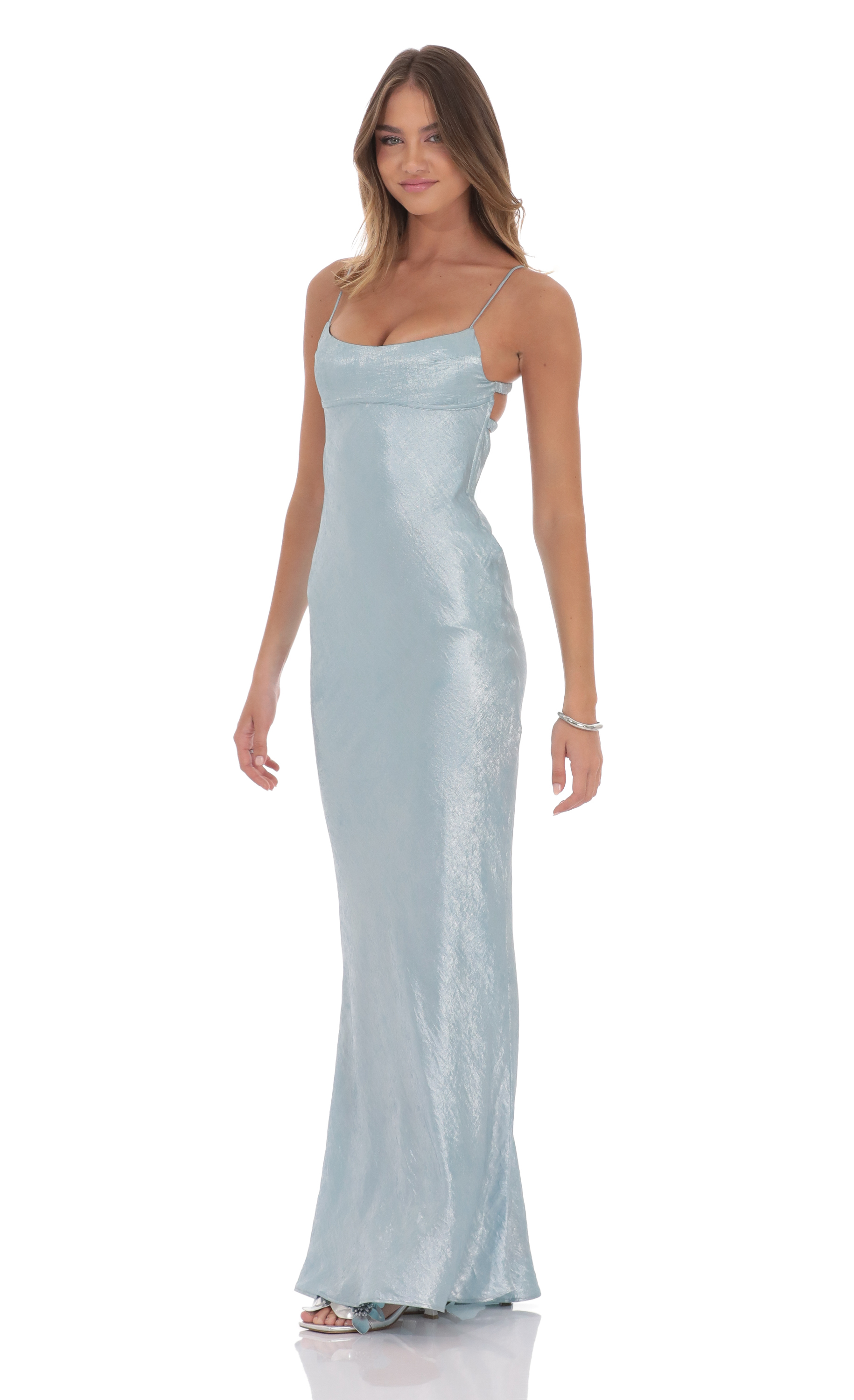 Crinkle Satin Open Back Maxi Dress in Sky Blue-My Sky Diva
