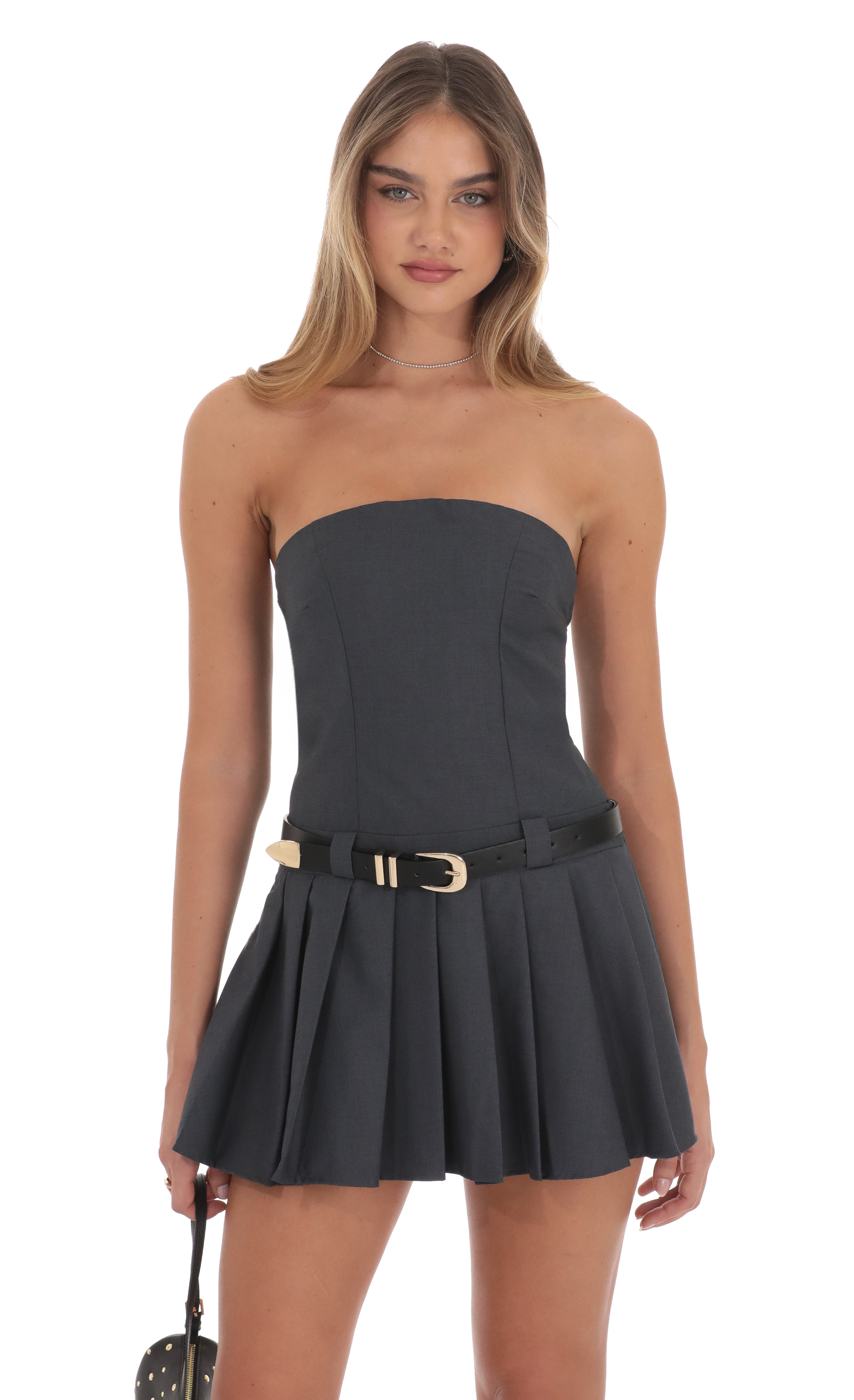 Strapless Pleated Dress in Grey-My Sky Diva