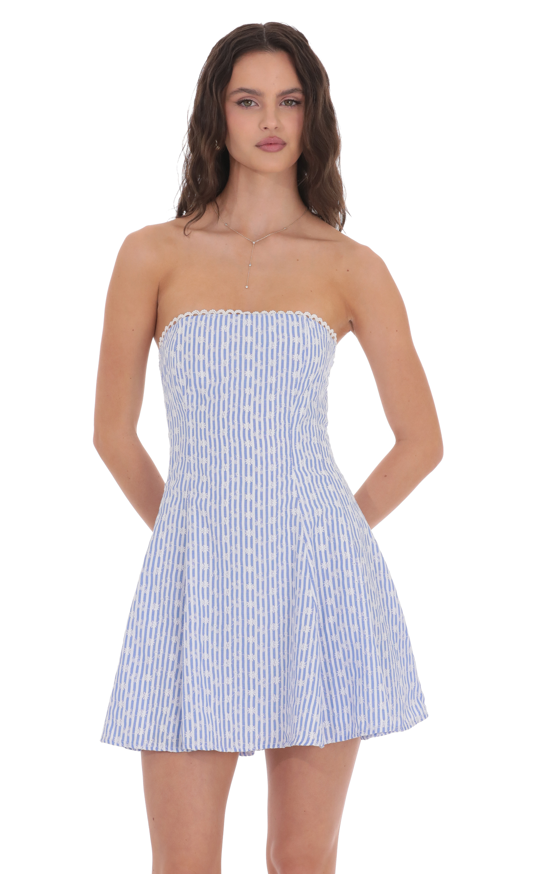 Striped Floral Strapless Dress in Blue and White-My Sky Diva