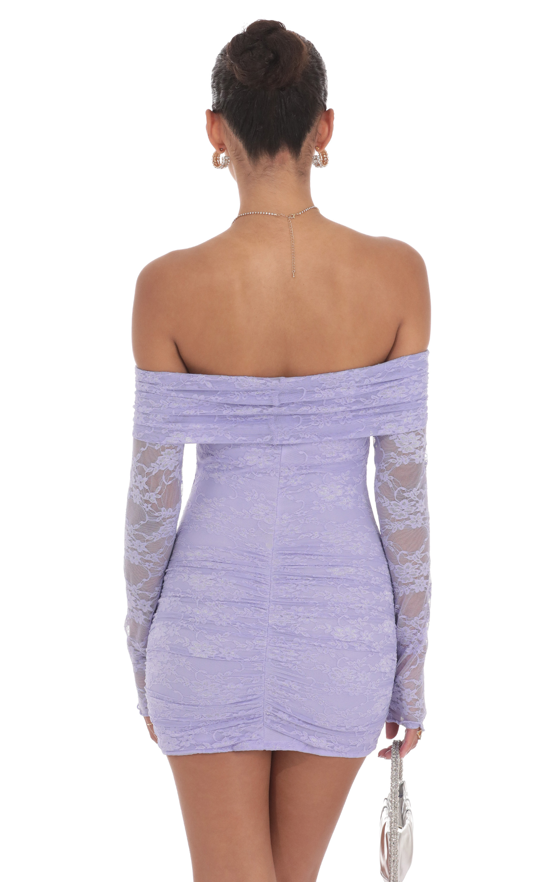 Off Shoulder Long Sleeve Lace Dress in Lavender-My Sky Diva