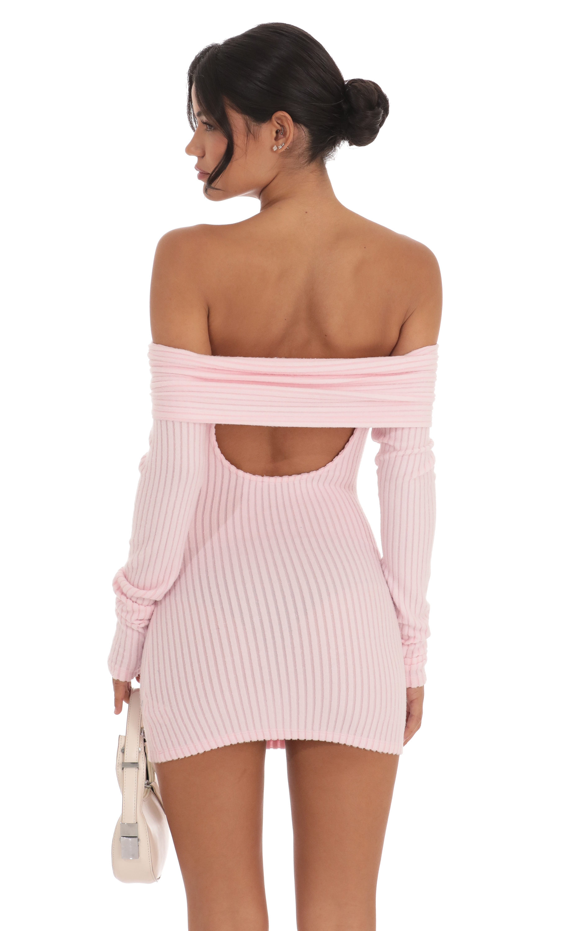 Ribbed Off Shoulder Open Back Dress in Pink-My Sky Diva
