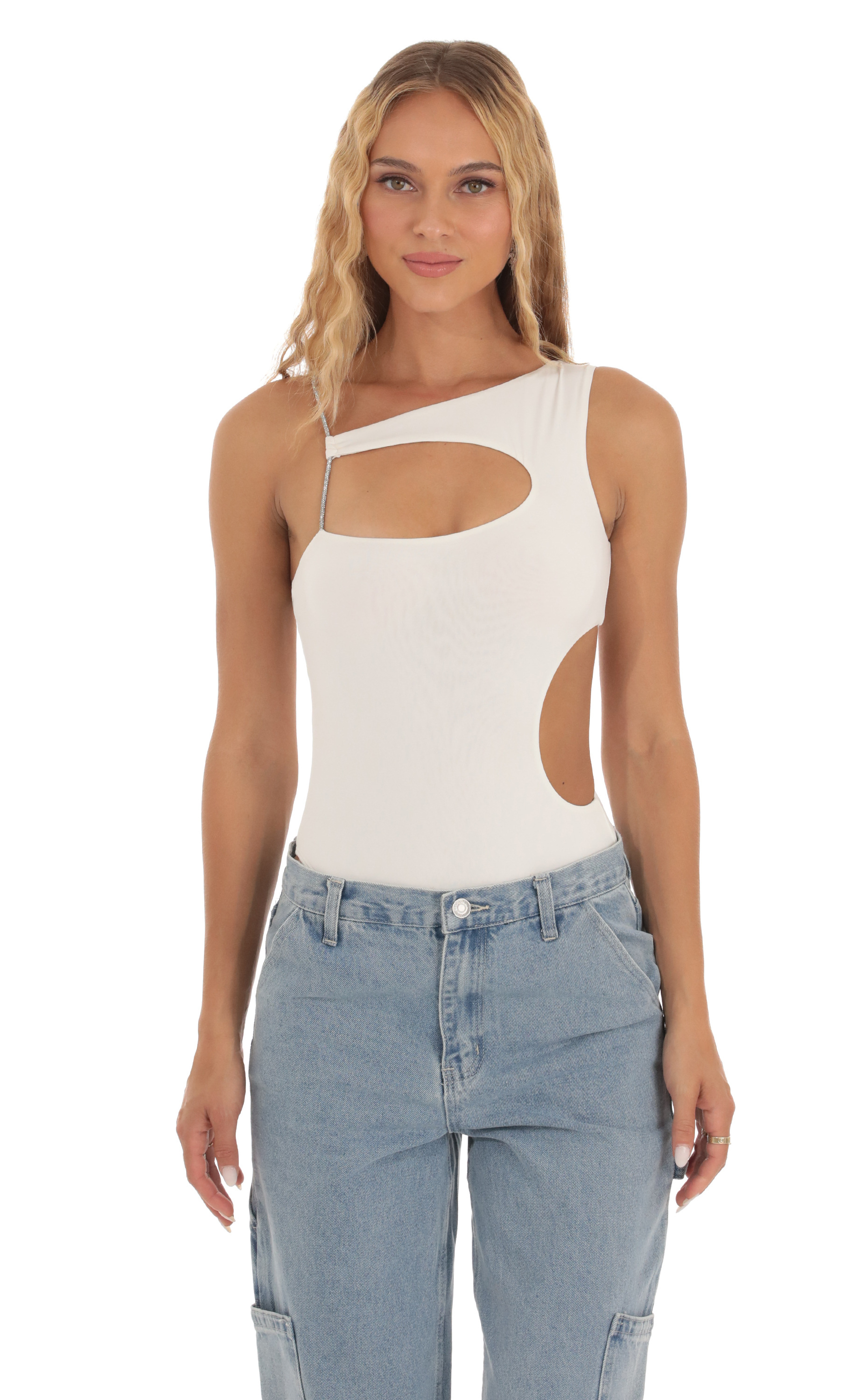 Rhinestone Cutout Bodysuit in White-My Sky Diva