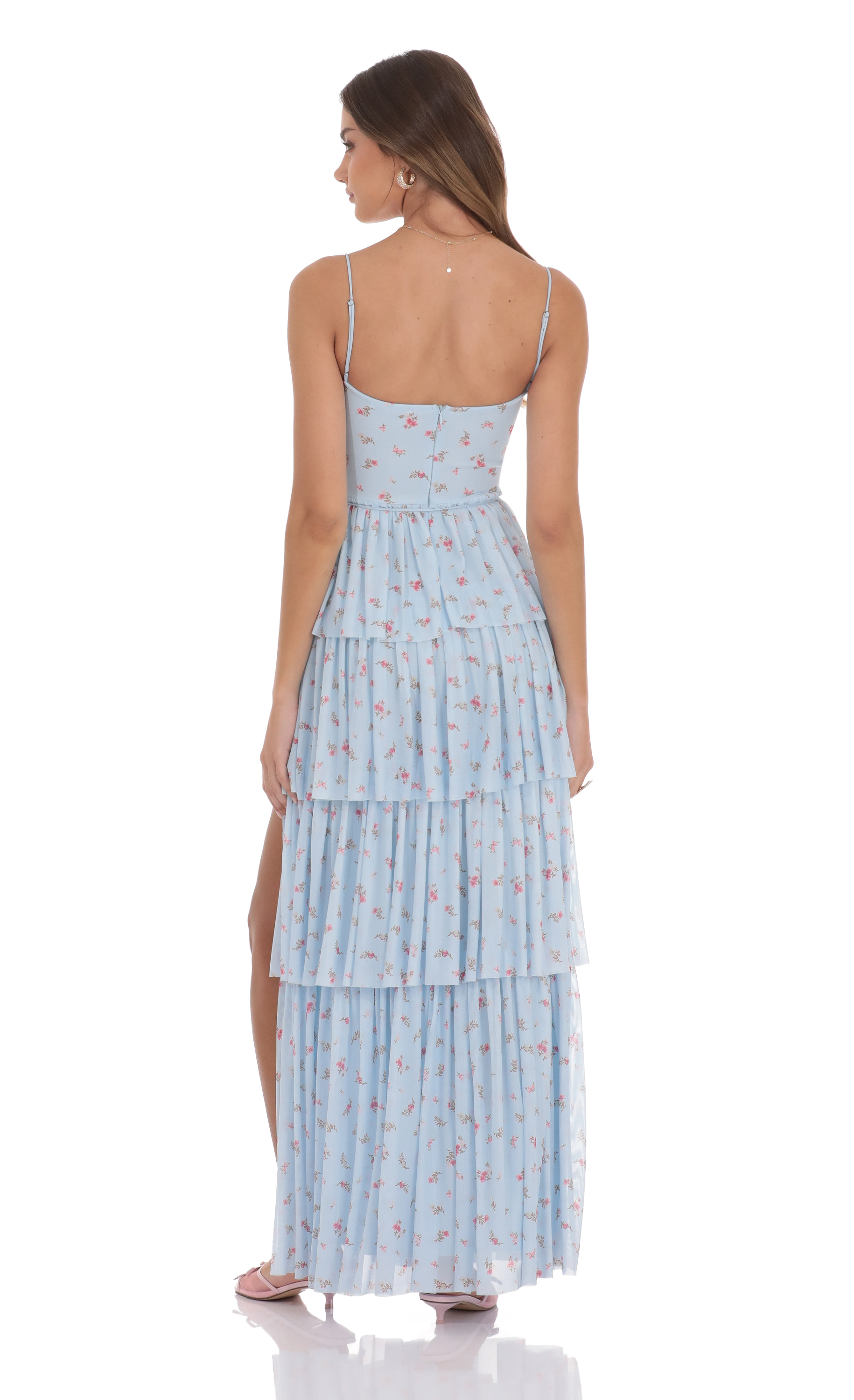 Floral Mesh Ruffle Maxi Dress in Blue-My Sky Diva
