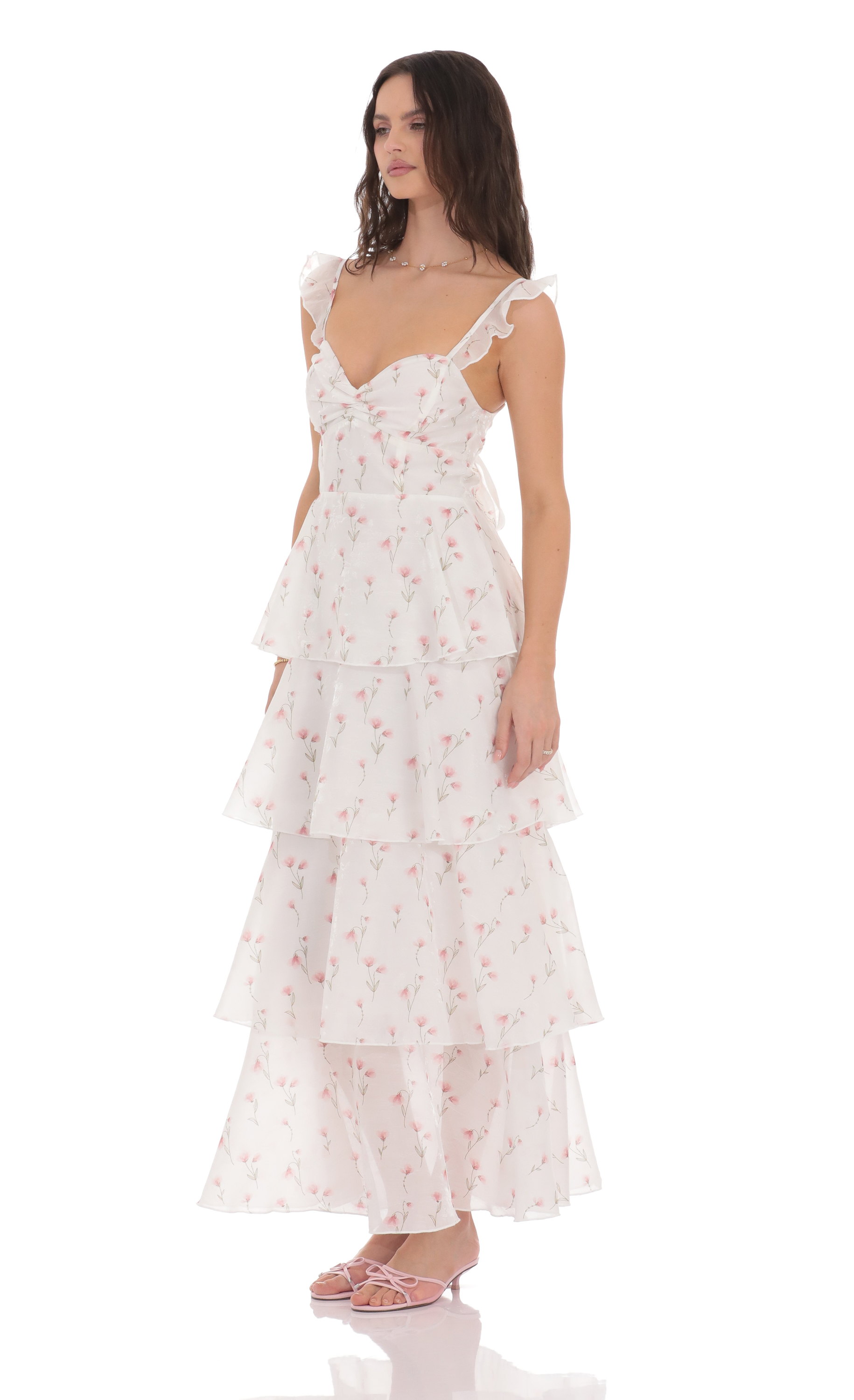 Floral Ruffle Maxi Dress in White-My Sky Diva