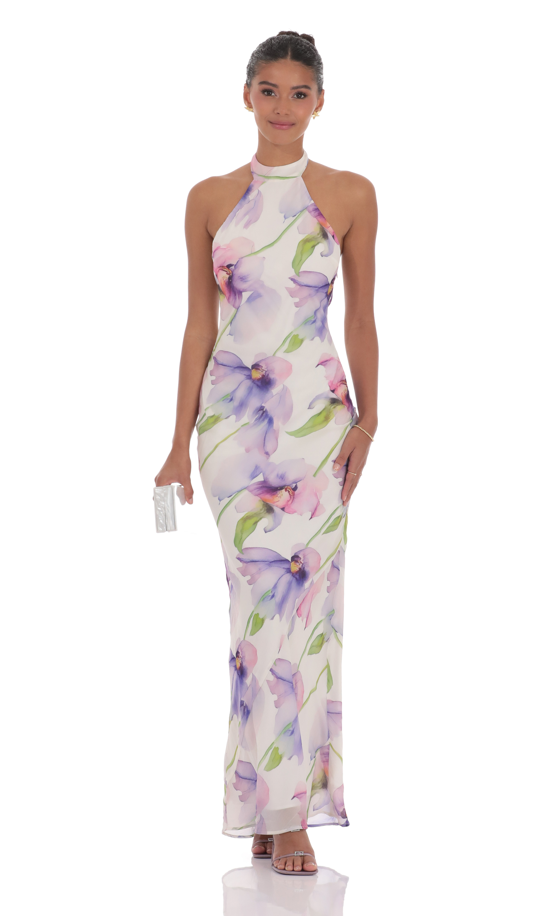 Floral Mock Neck Maxi Dress in White-My Sky Diva