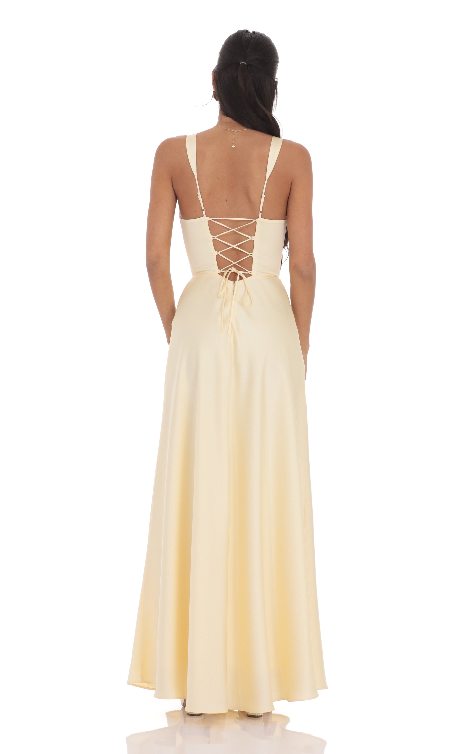 Satin Plunge Neck Corset Maxi Dress in Yellow-My Sky Diva