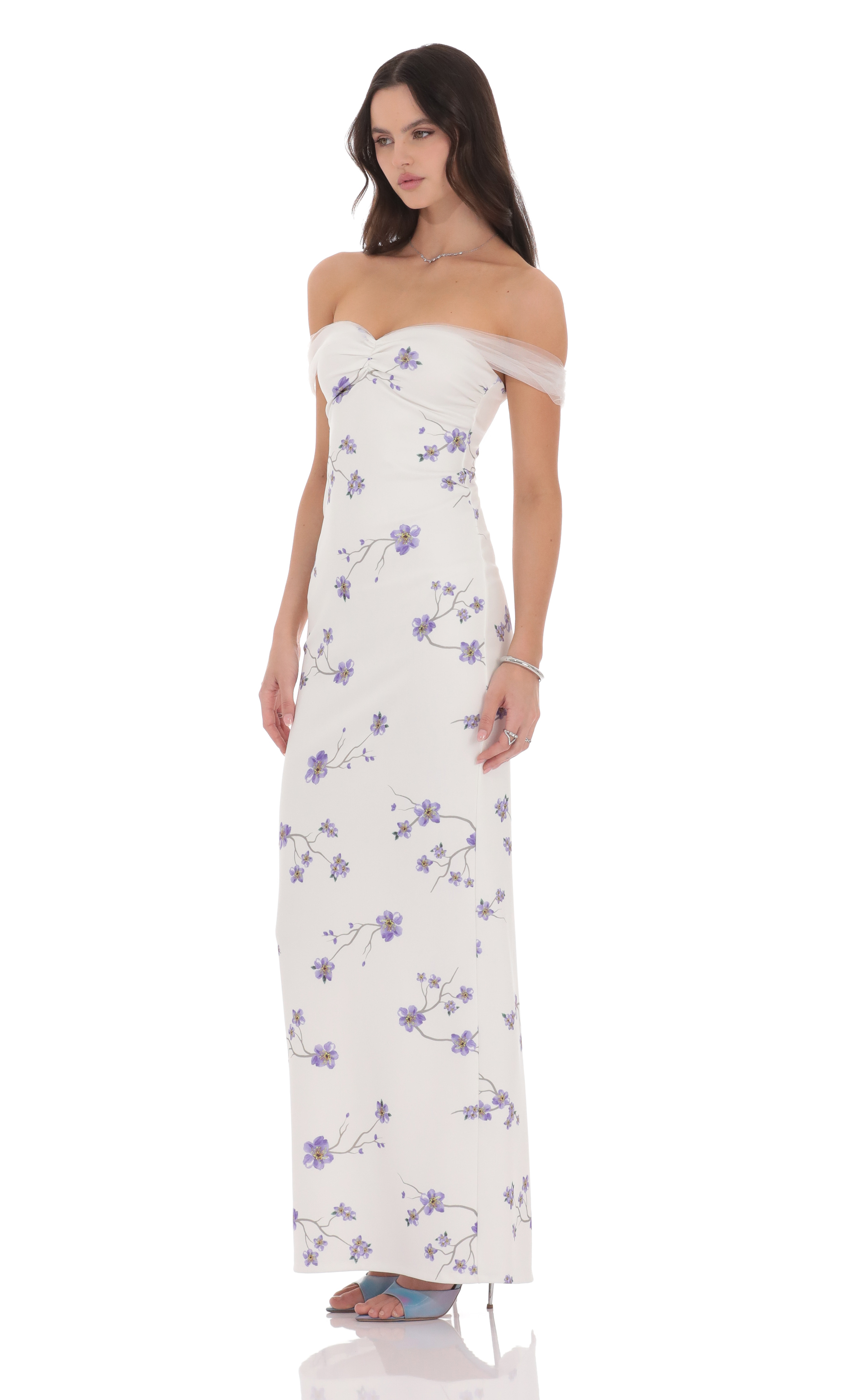 Tulle Off Shoulder Floral Maxi Dress in White-My Sky Diva