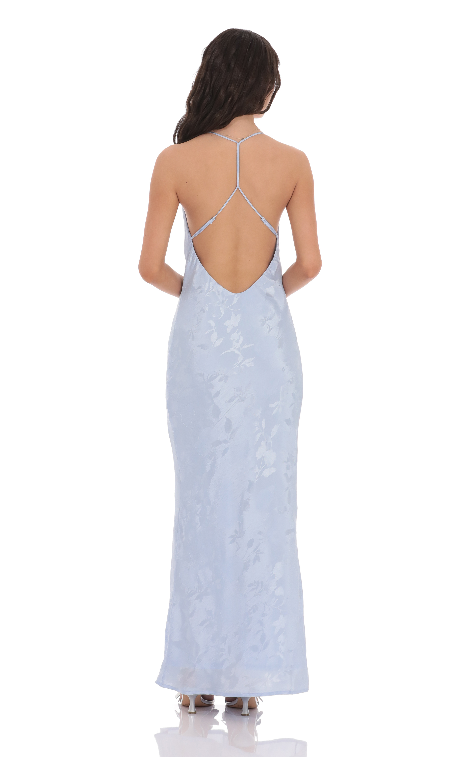 Floral Jacqaurd Cowl Neck Maxi Dress in Light Blue-My Sky Diva