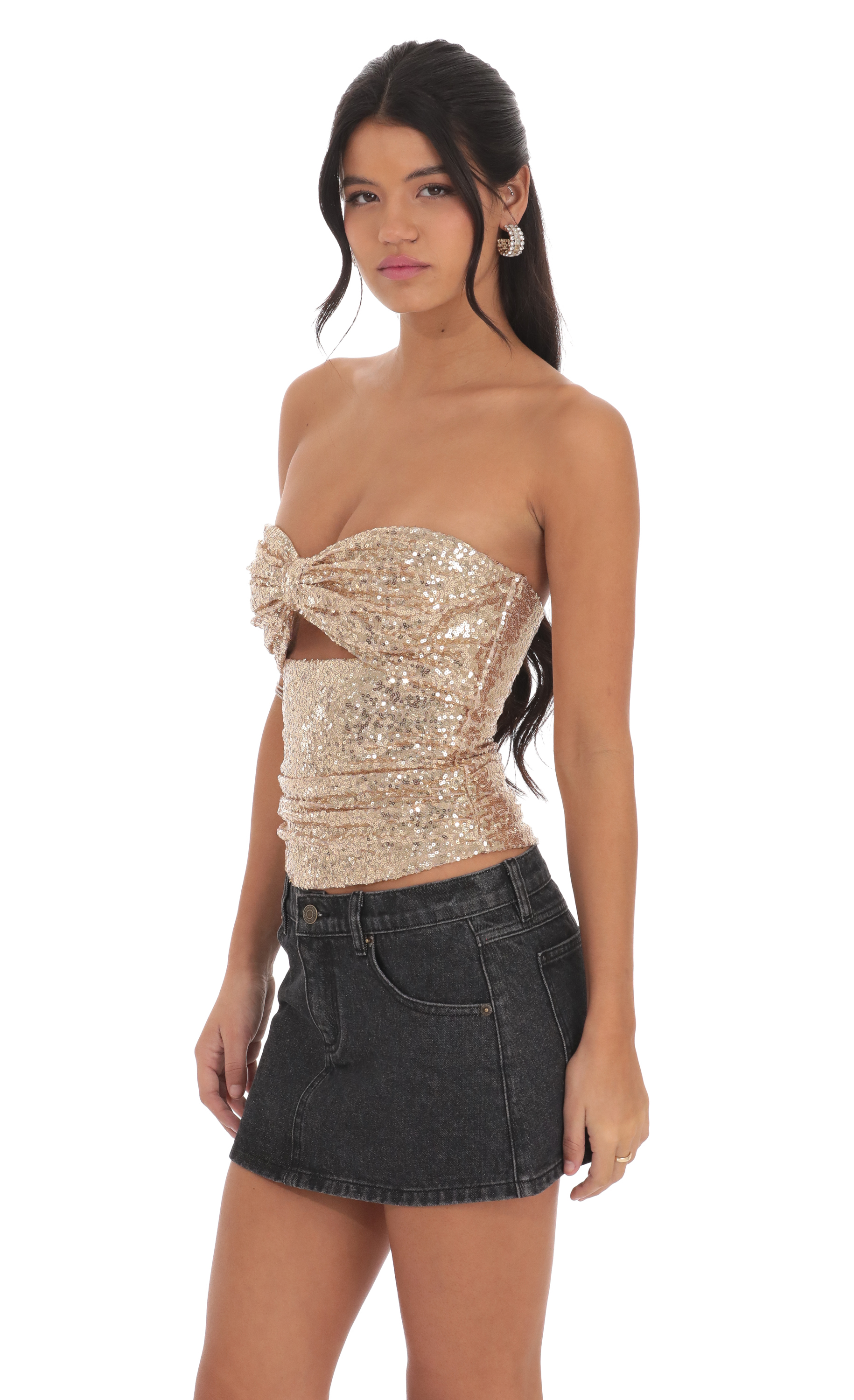 Sequin Cutout Strapless Top in Gold-My Sky Diva