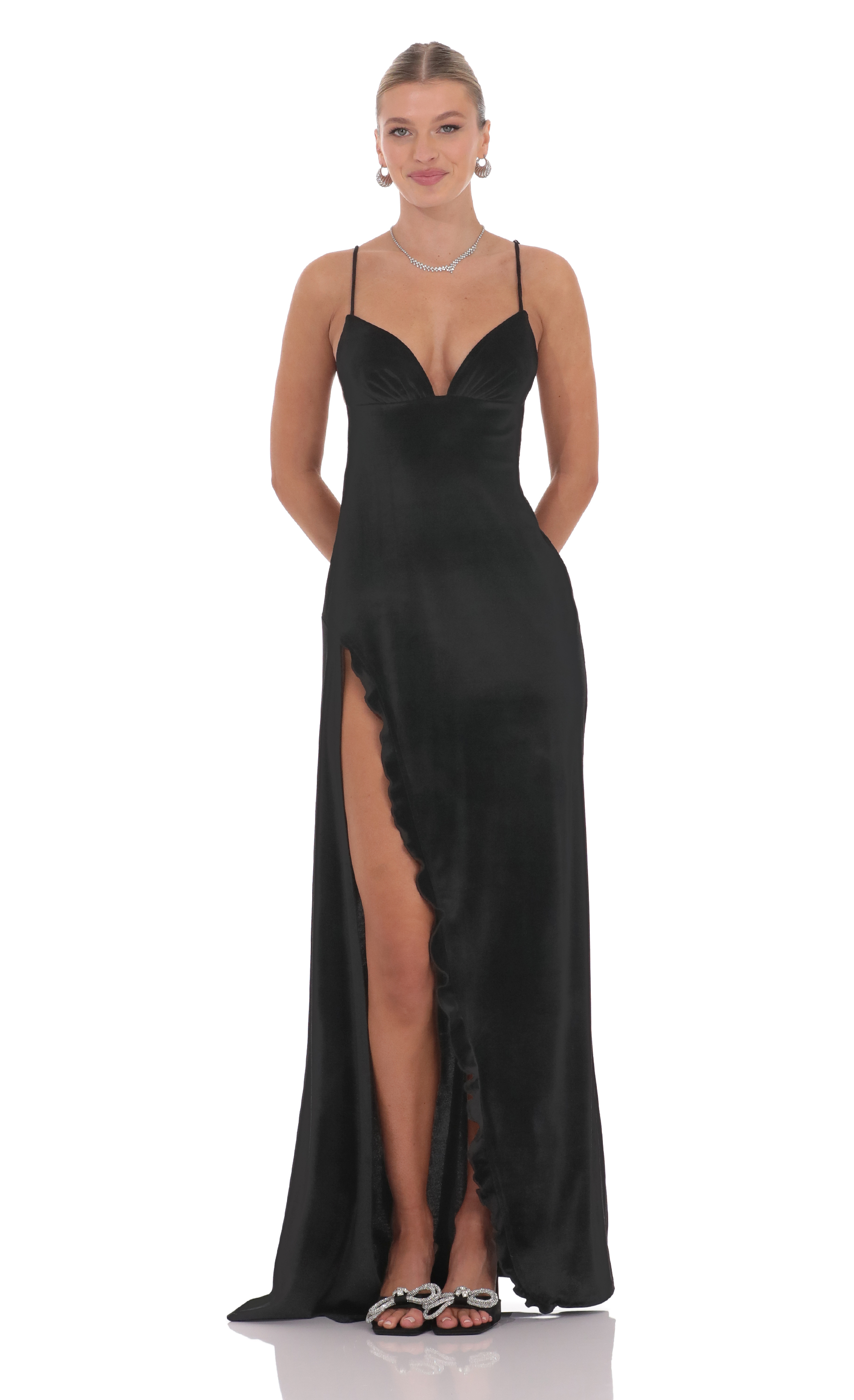 Velvet Ruffle Maxi Dress in Black-My Sky Diva