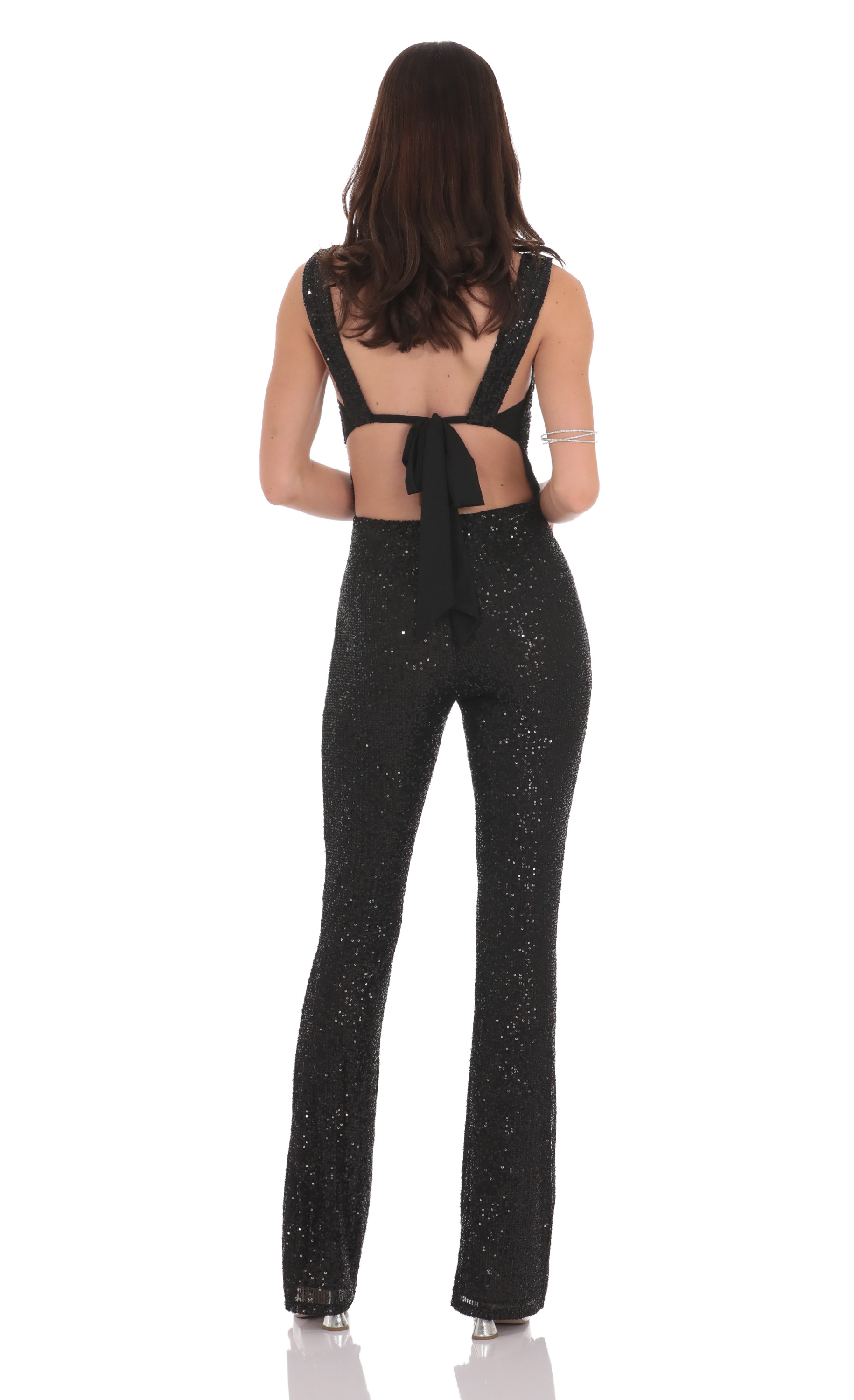 Sequin Back Tie Jumpsuit in Black-My Sky Diva