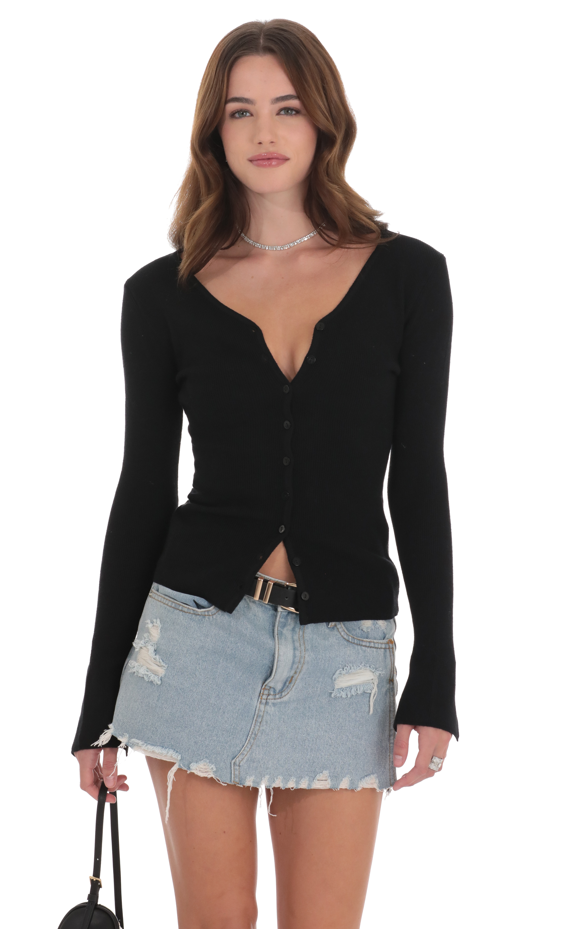 V-Neck Ribbed Cardigan in Black-My Sky Diva