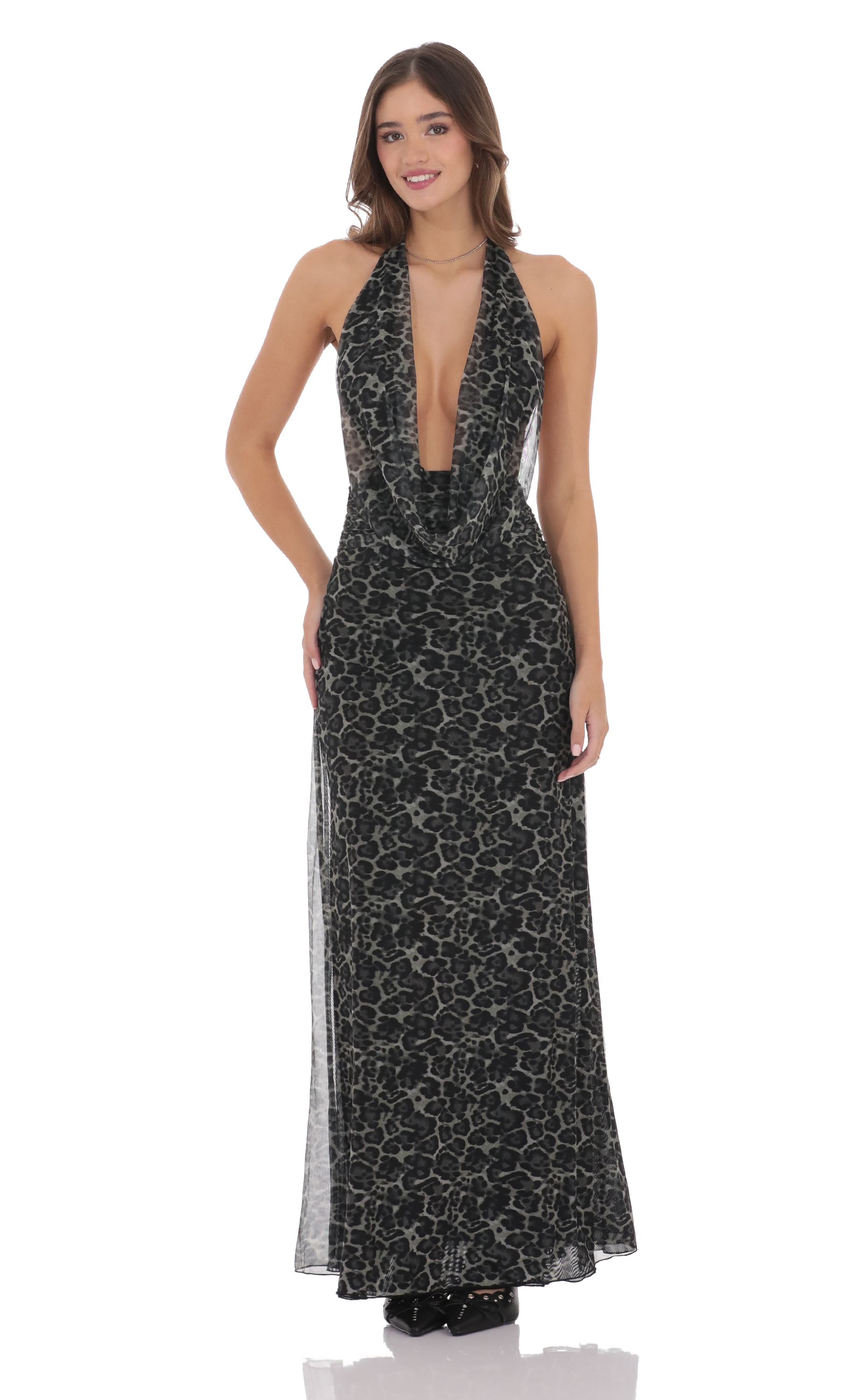 Plunge Cowl Neck Maxi Dress in Cheetah Print-My Sky Diva