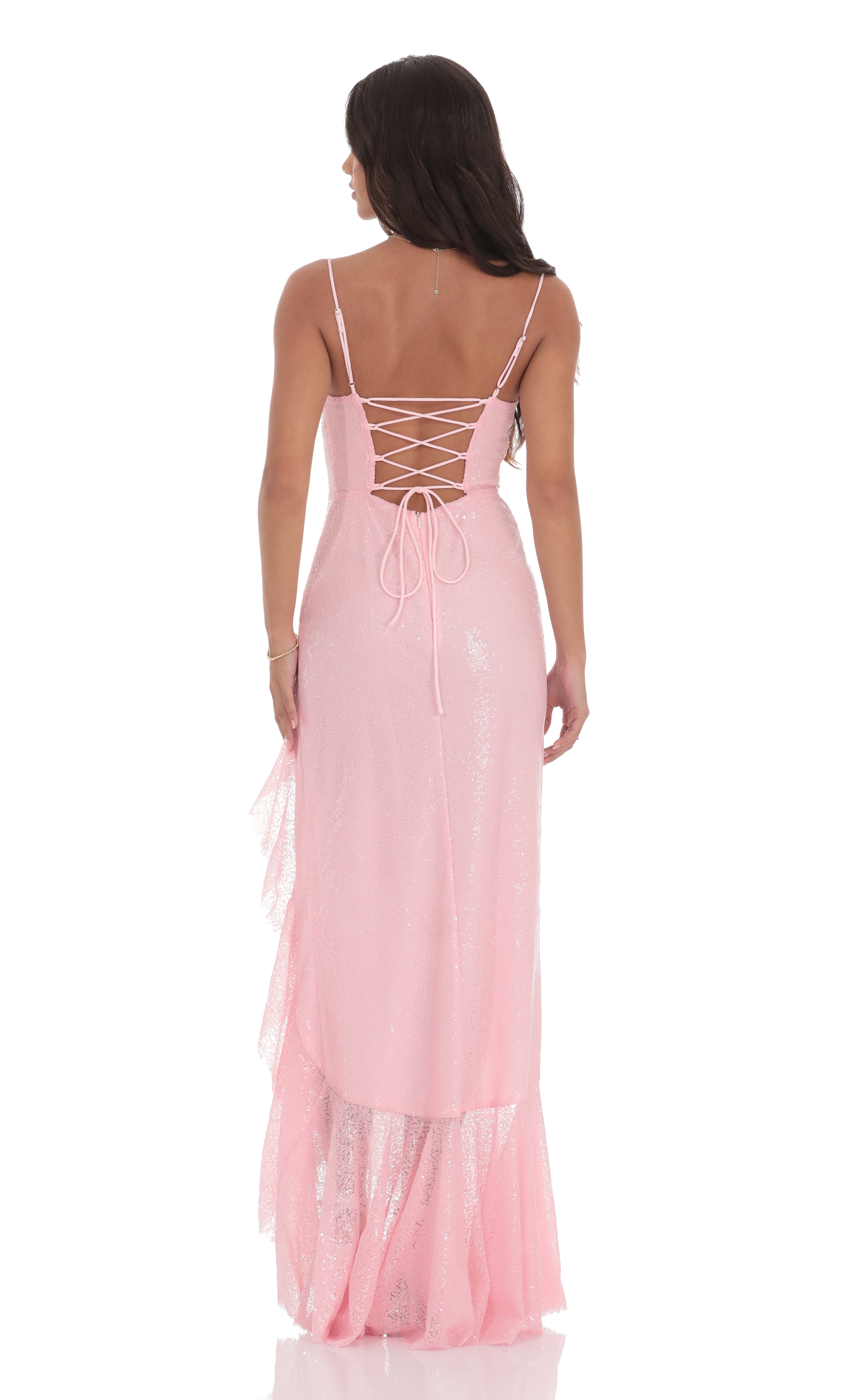 Sequin Ruffle Maxi Dress in Pink-My Sky Diva