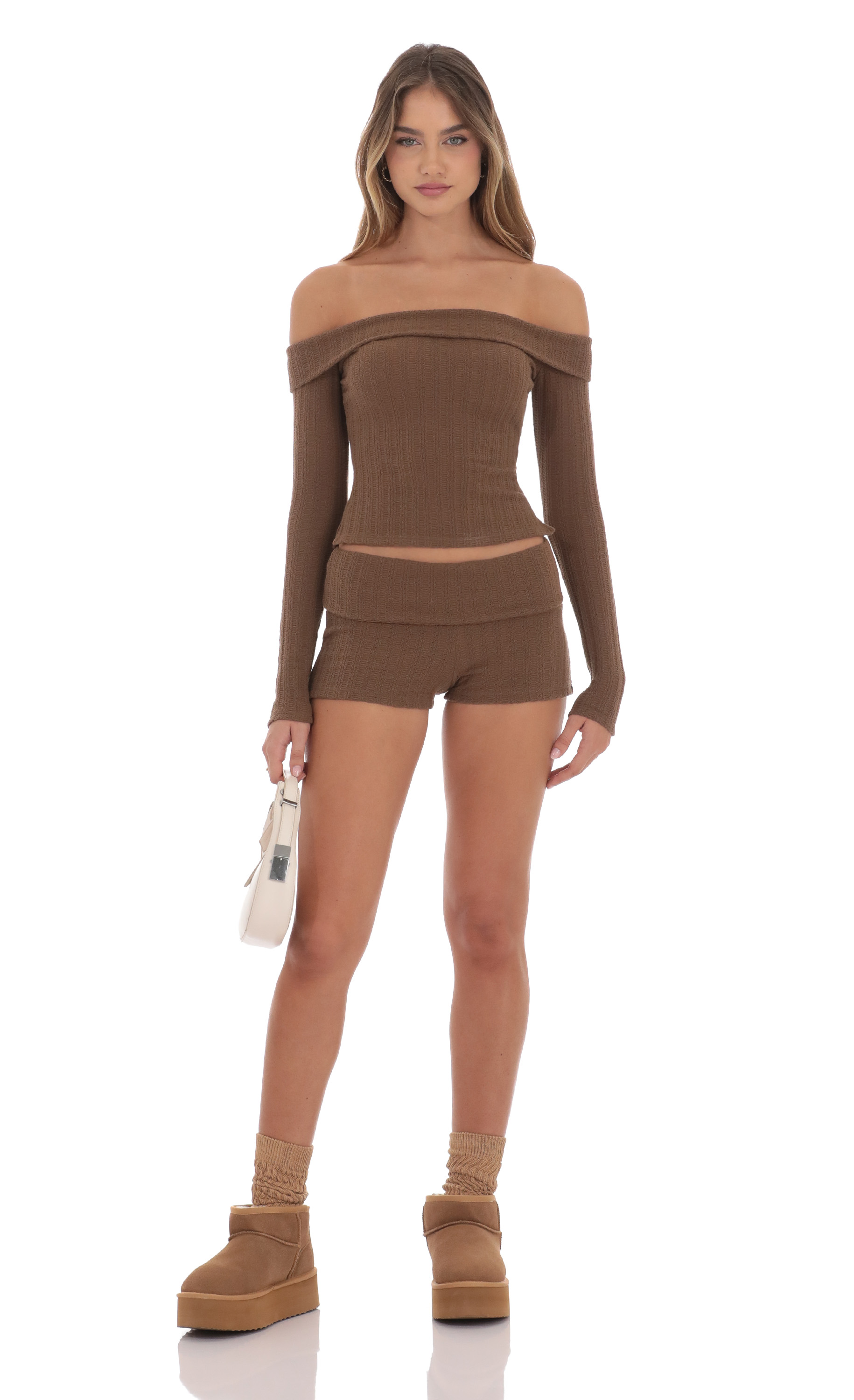 Knitted Off Shoulder Top in Brown-My Sky Diva
