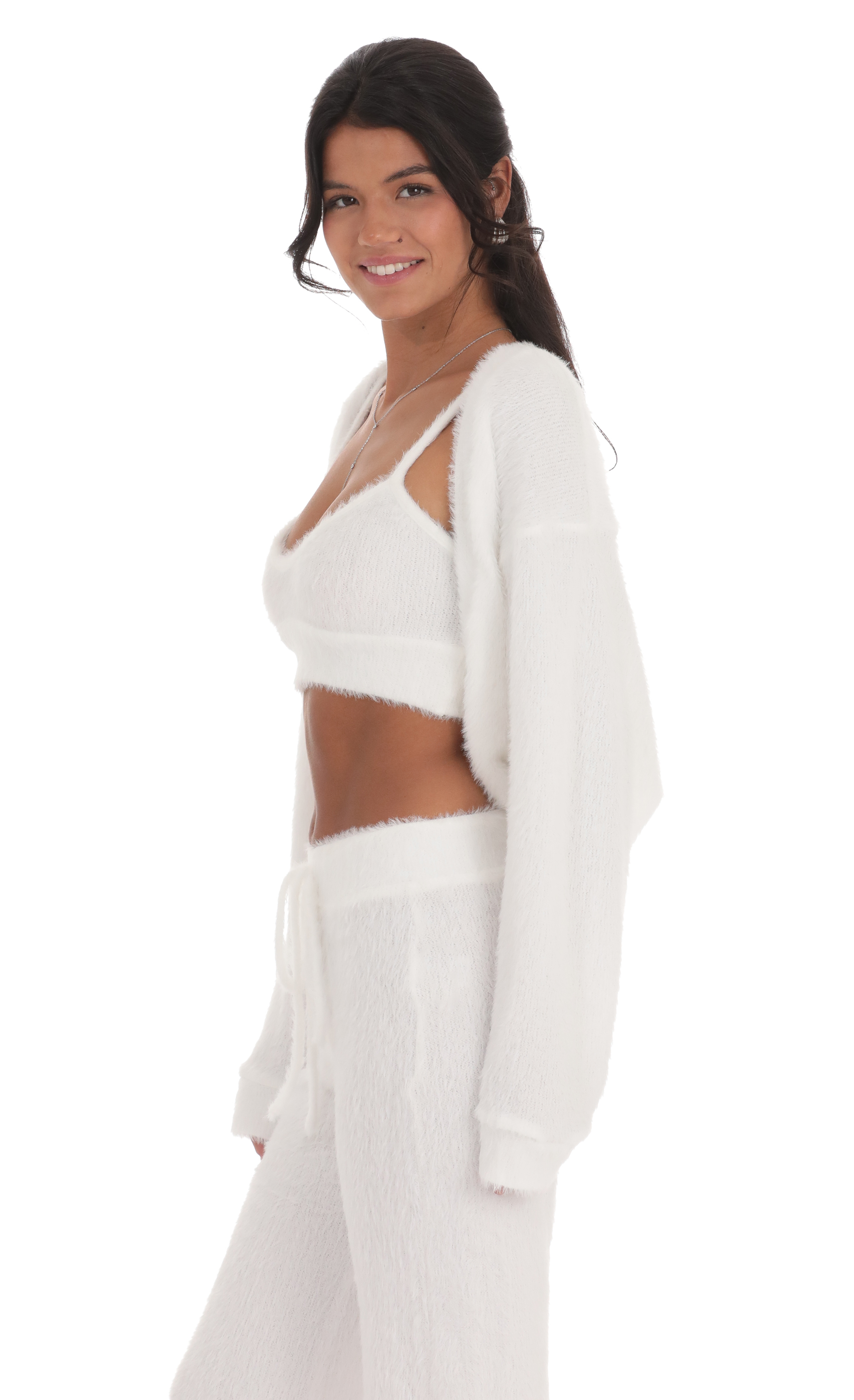 Open Fuzzy Cardigan in White-My Sky Diva