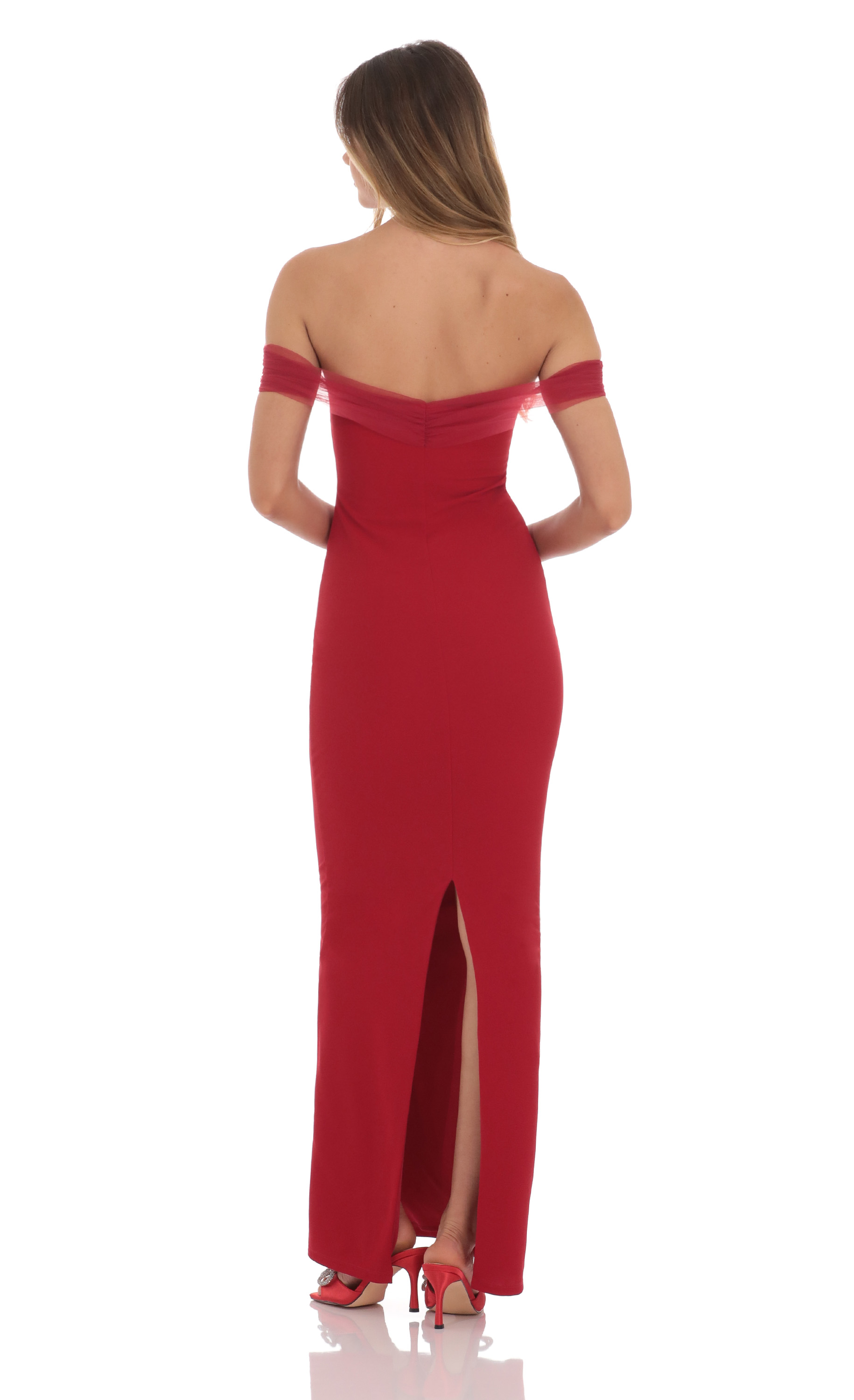 Tulle Off Shoulder Sleeve Maxi Dress in Red-My Sky Diva