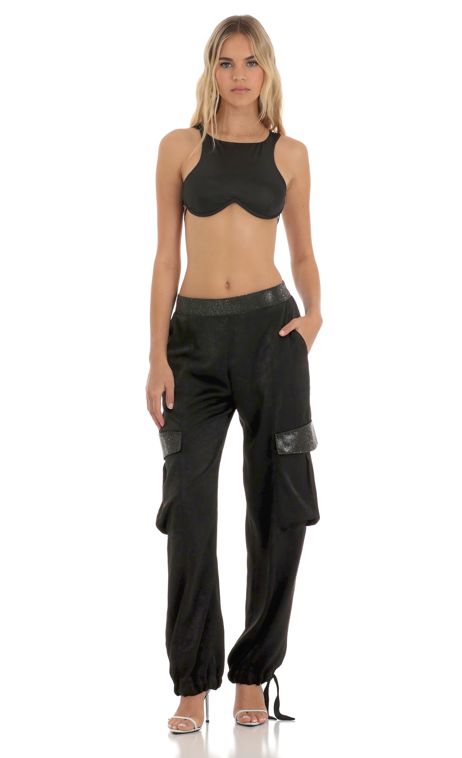 Rhinestone Satin Pants in Black-My Sky Diva