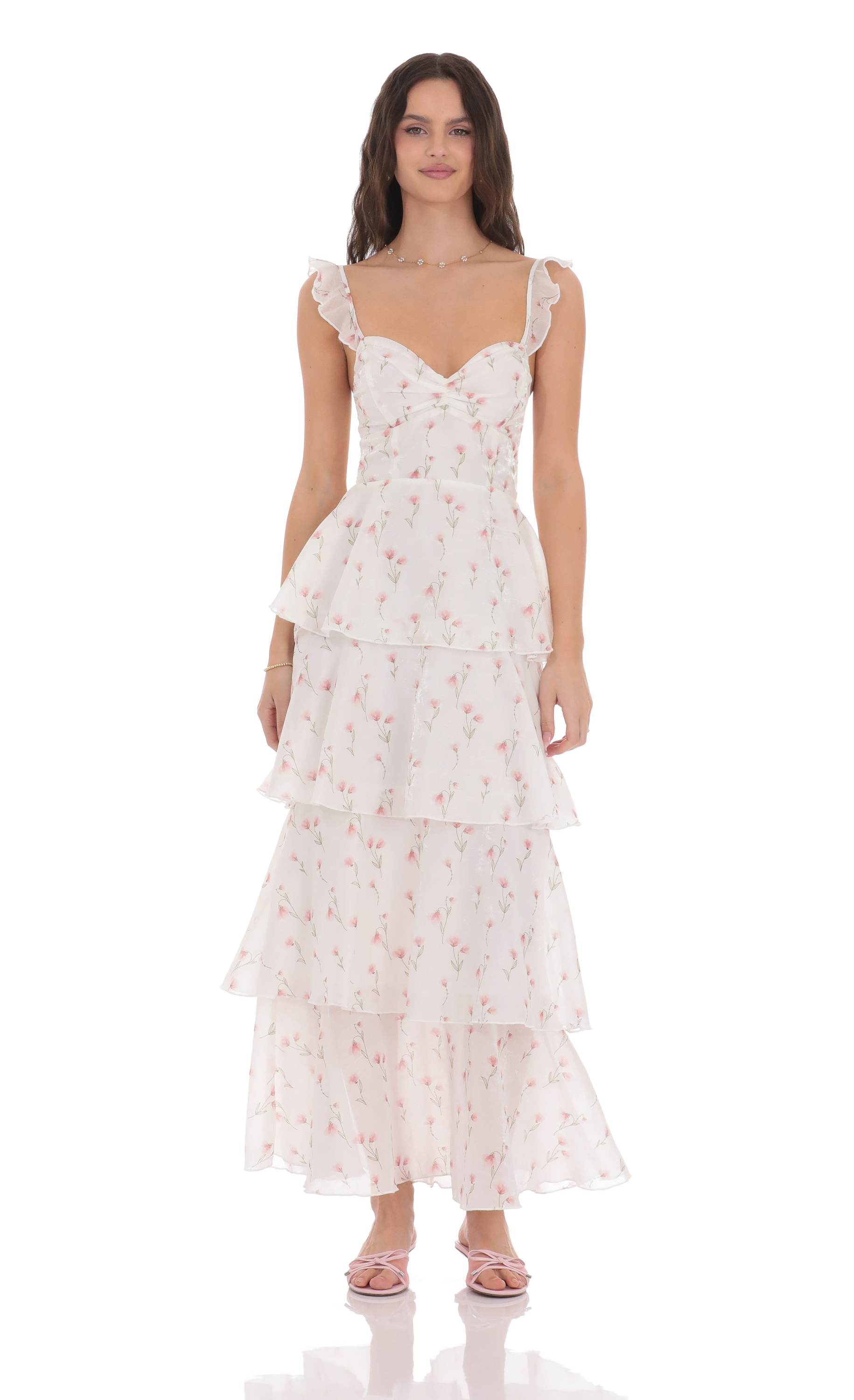 Floral Ruffle Maxi Dress in White-My Sky Diva