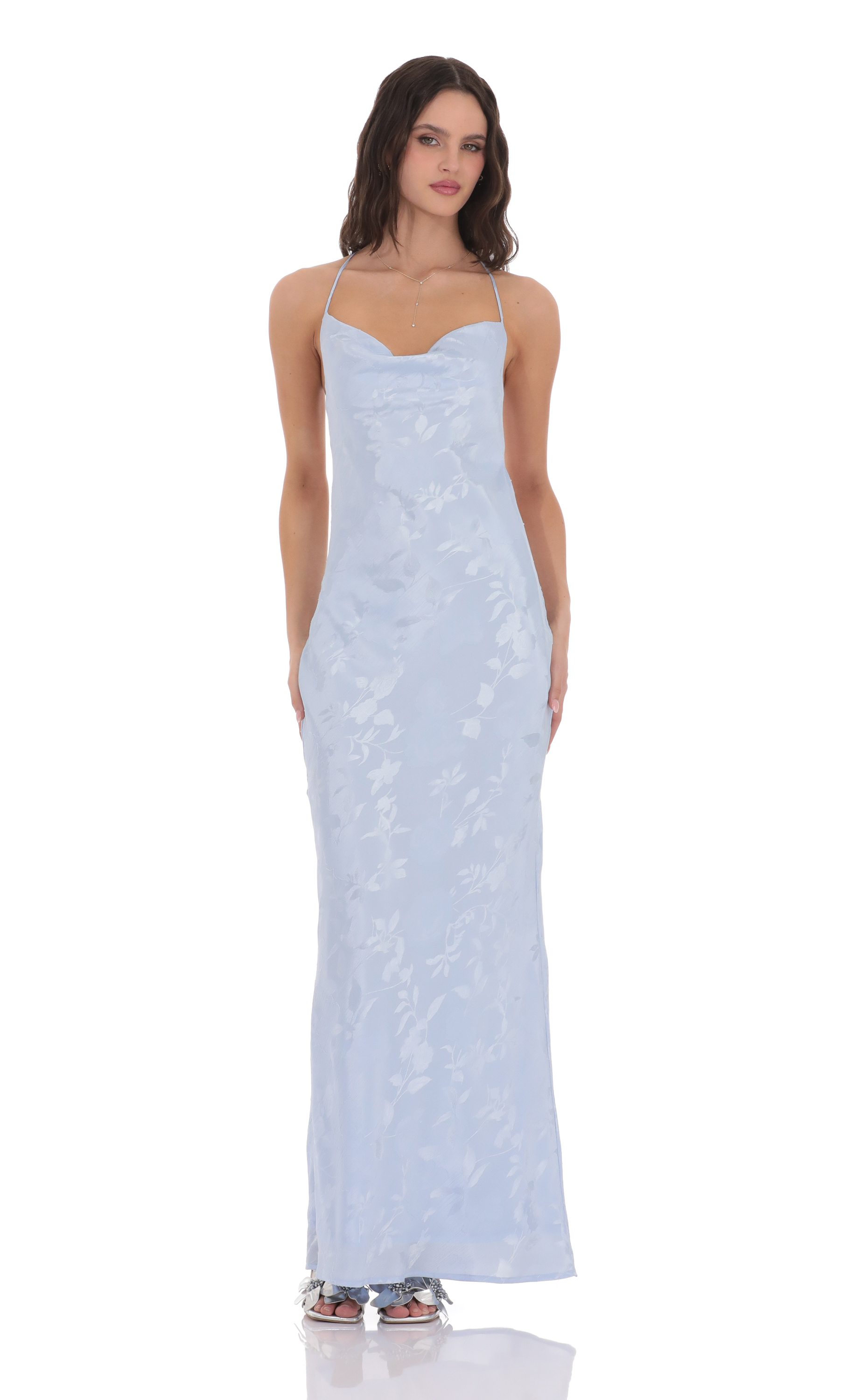 Floral Jacqaurd Cowl Neck Maxi Dress in Light Blue-My Sky Diva