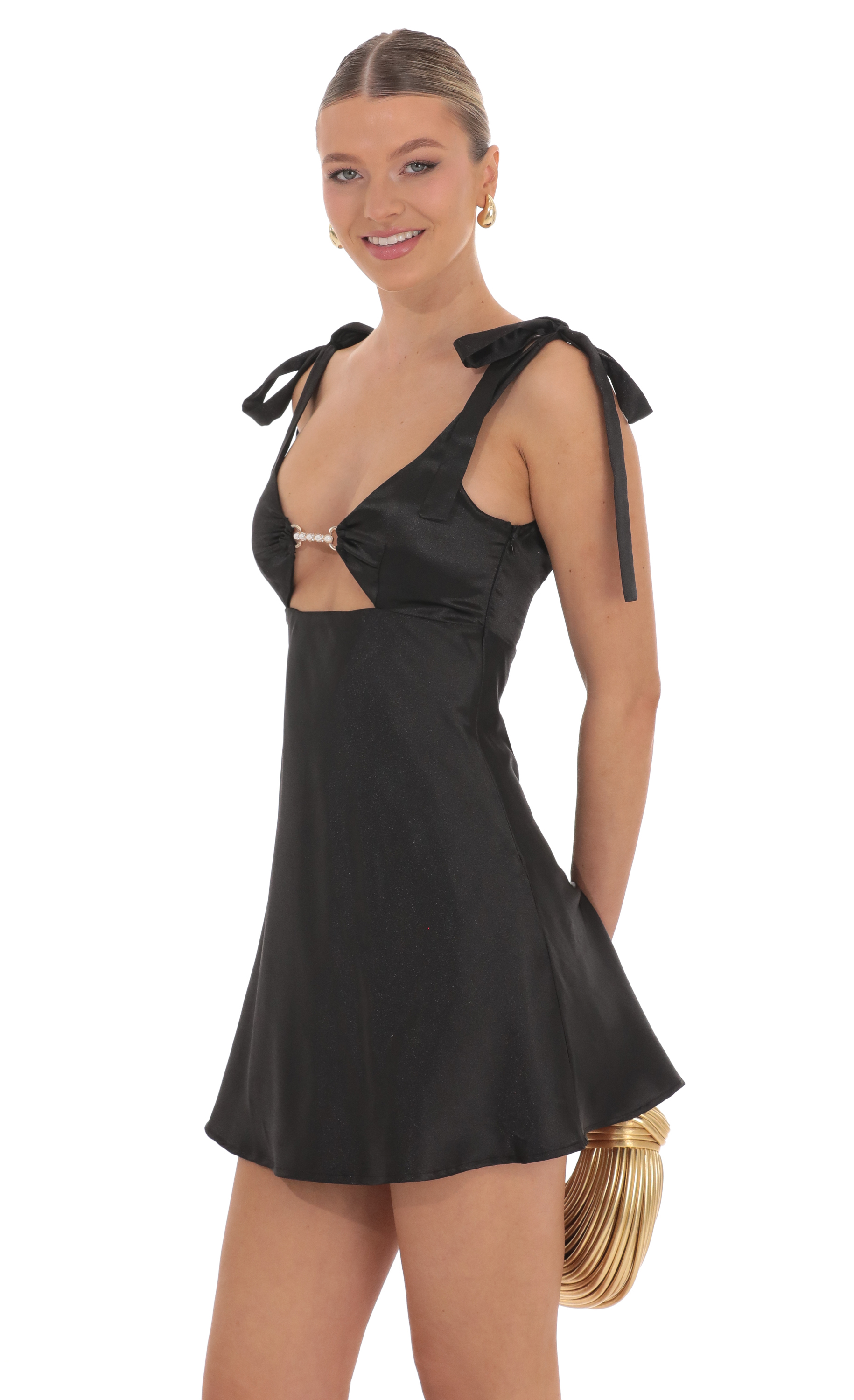 Pearl Cutout Satin Dress in Black-My Sky Diva