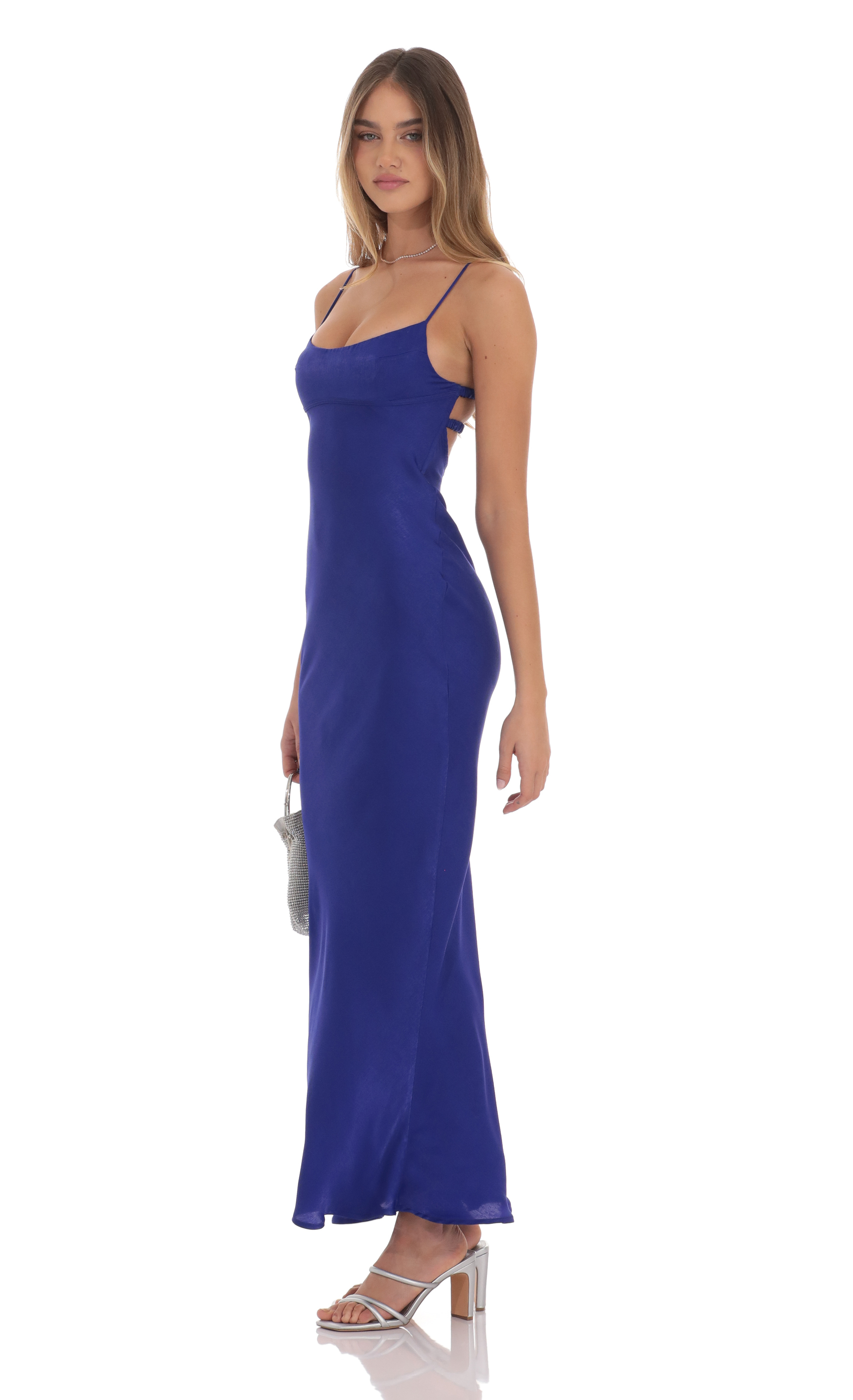 Satin Open Back Maxi Dress in Indigo-My Sky Diva
