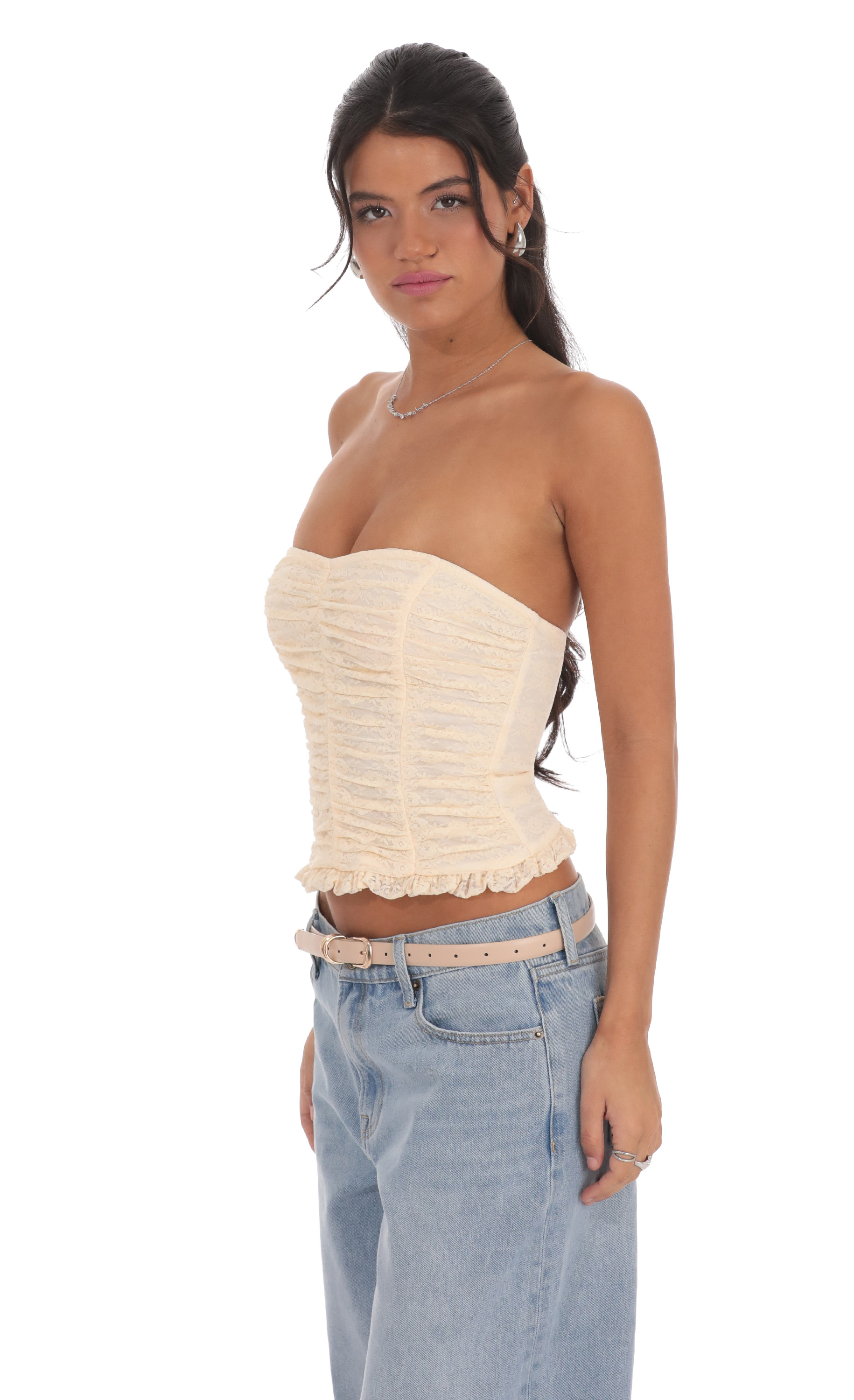 Ruched Lace Top in Pastel Peach-My Sky Diva
