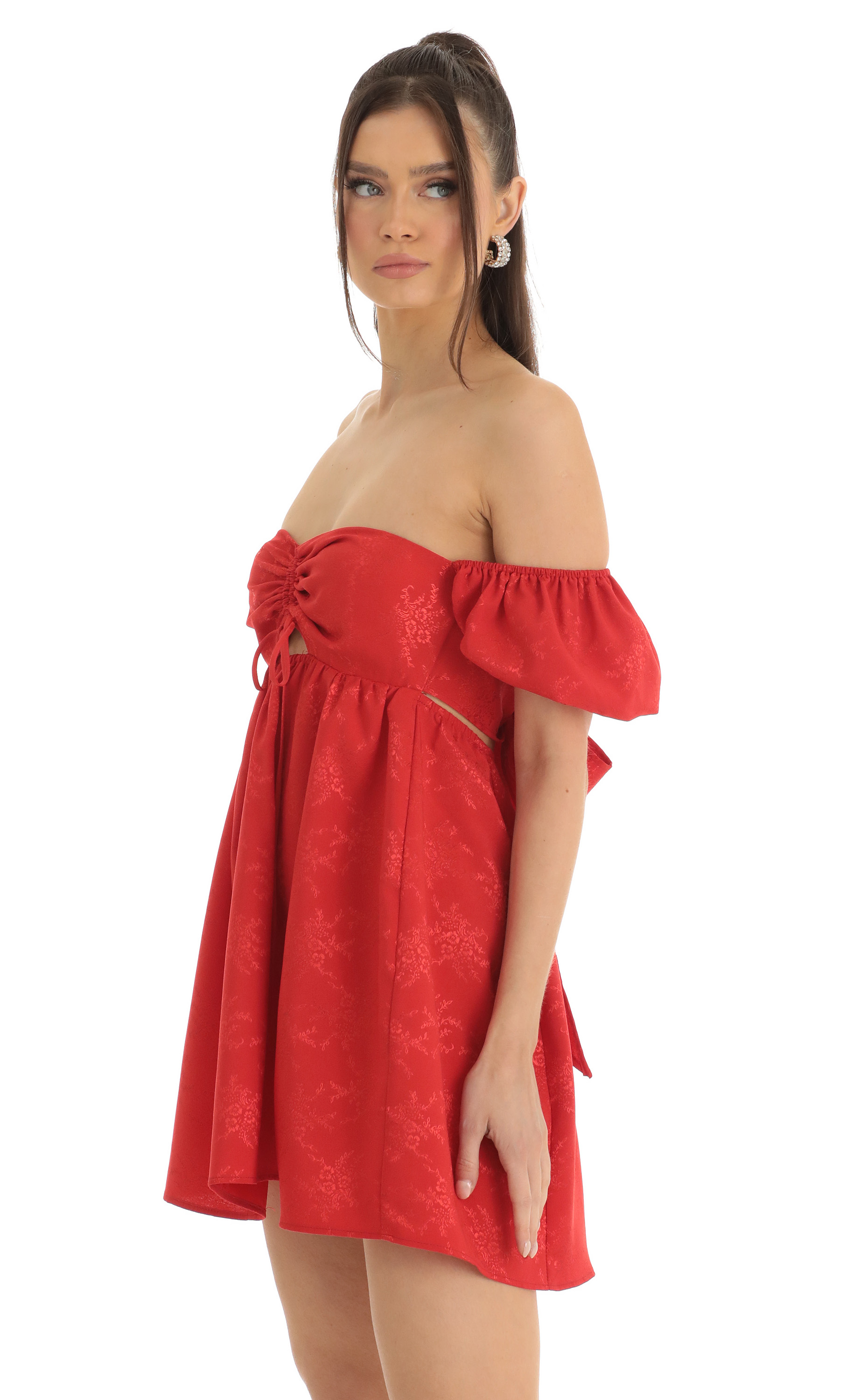 Jacquard Puff Sleeve Baby Doll Dress in Red-My Sky Diva