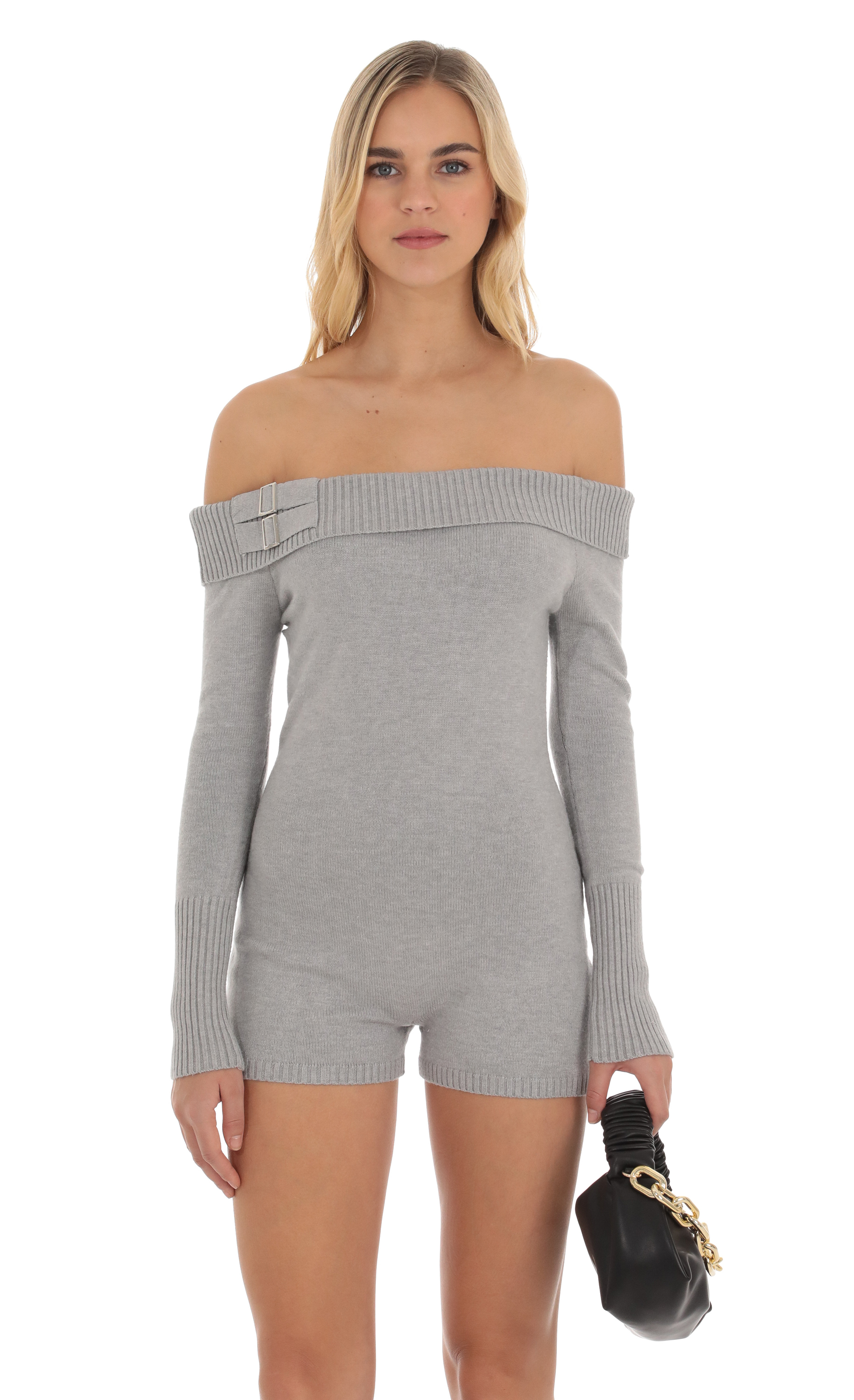 Knit Off Shoulder Romper in Grey-My Sky Diva