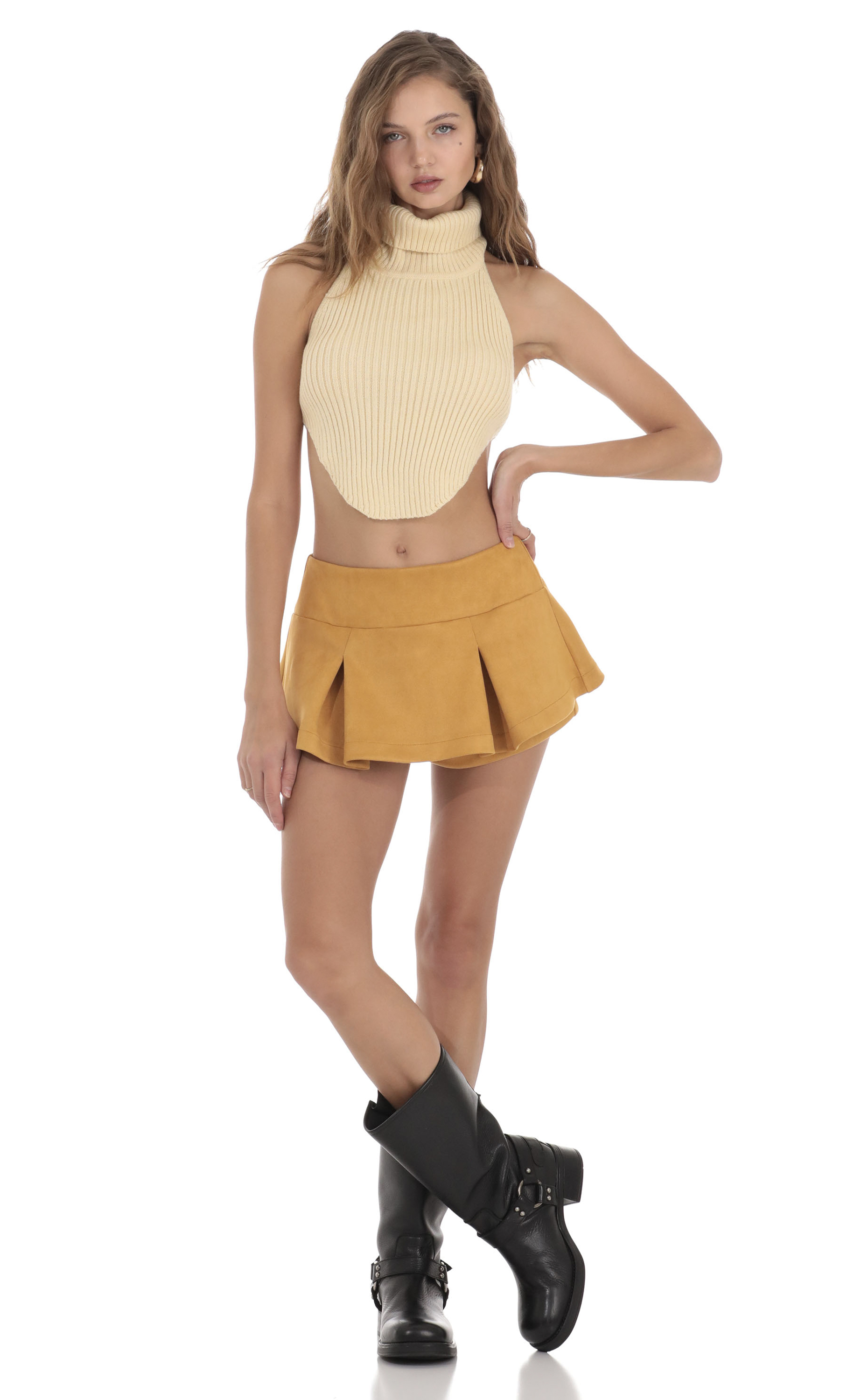 Pleated Mini Skort in Mustard-My Sky Diva