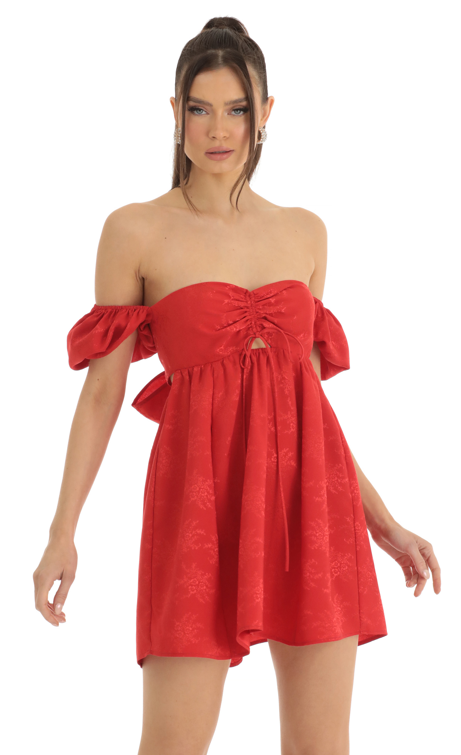 Jacquard Puff Sleeve Baby Doll Dress in Red-My Sky Diva