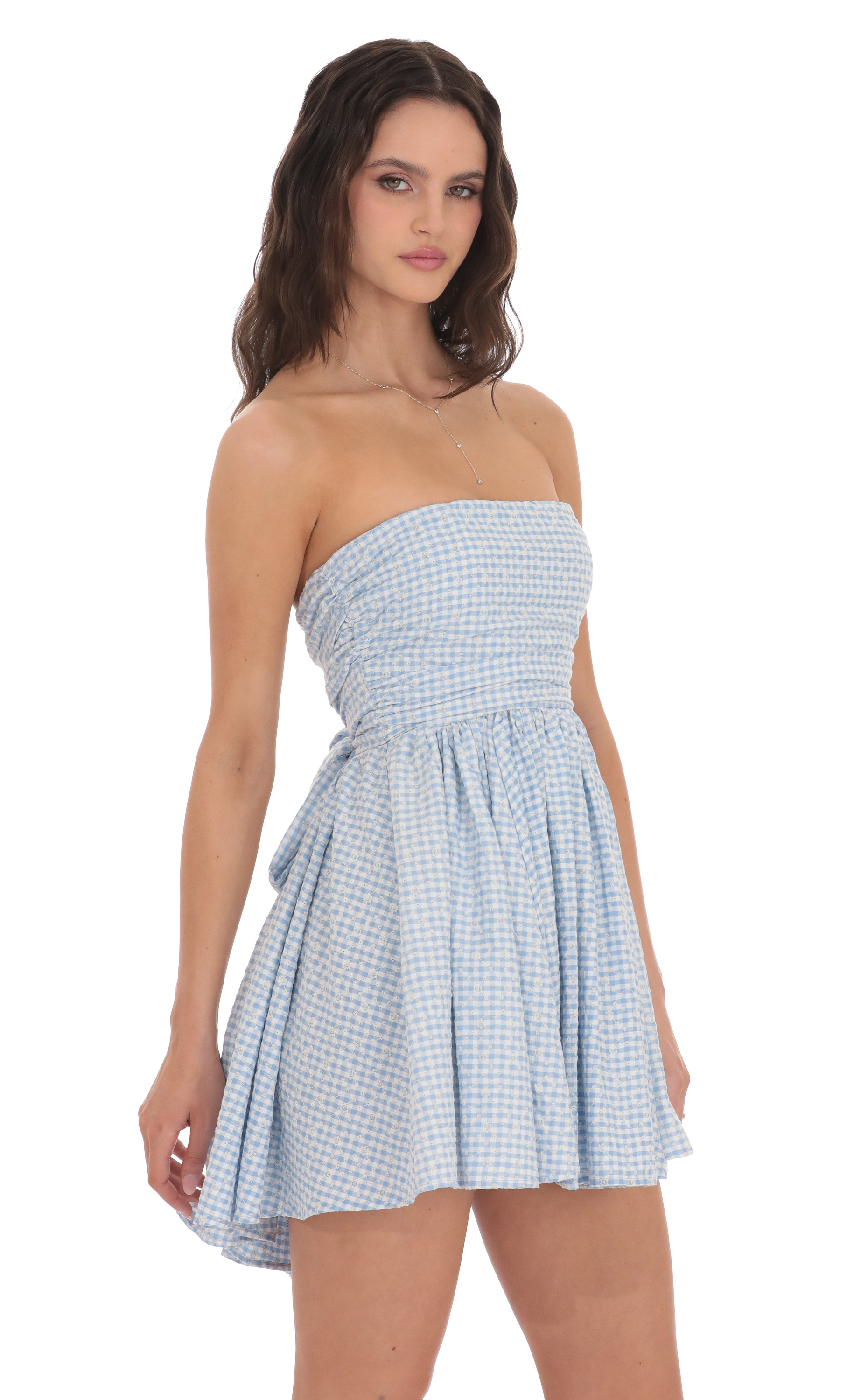 Floral Strapless A-line Dress in Gingham Blue-My Sky Diva