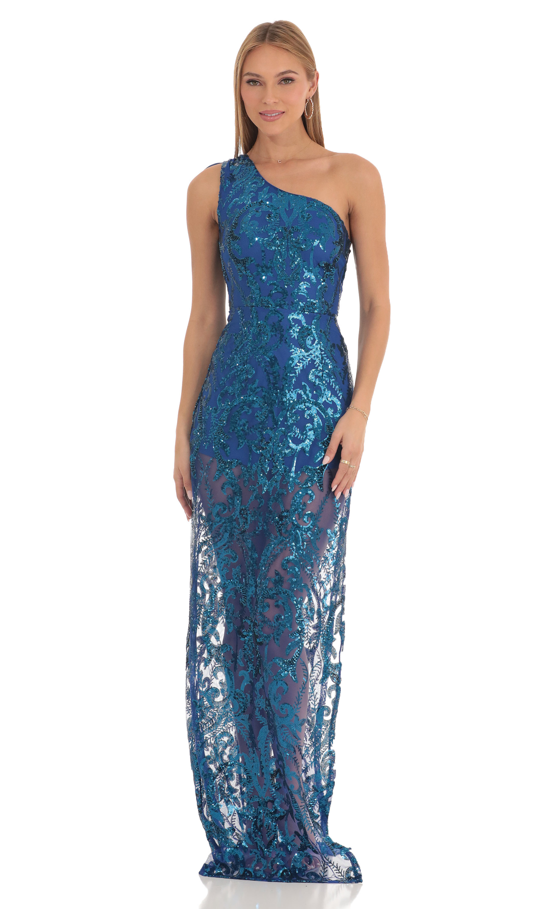 Sequin One Shoulder Maxi Dress in Blue-My Sky Diva
