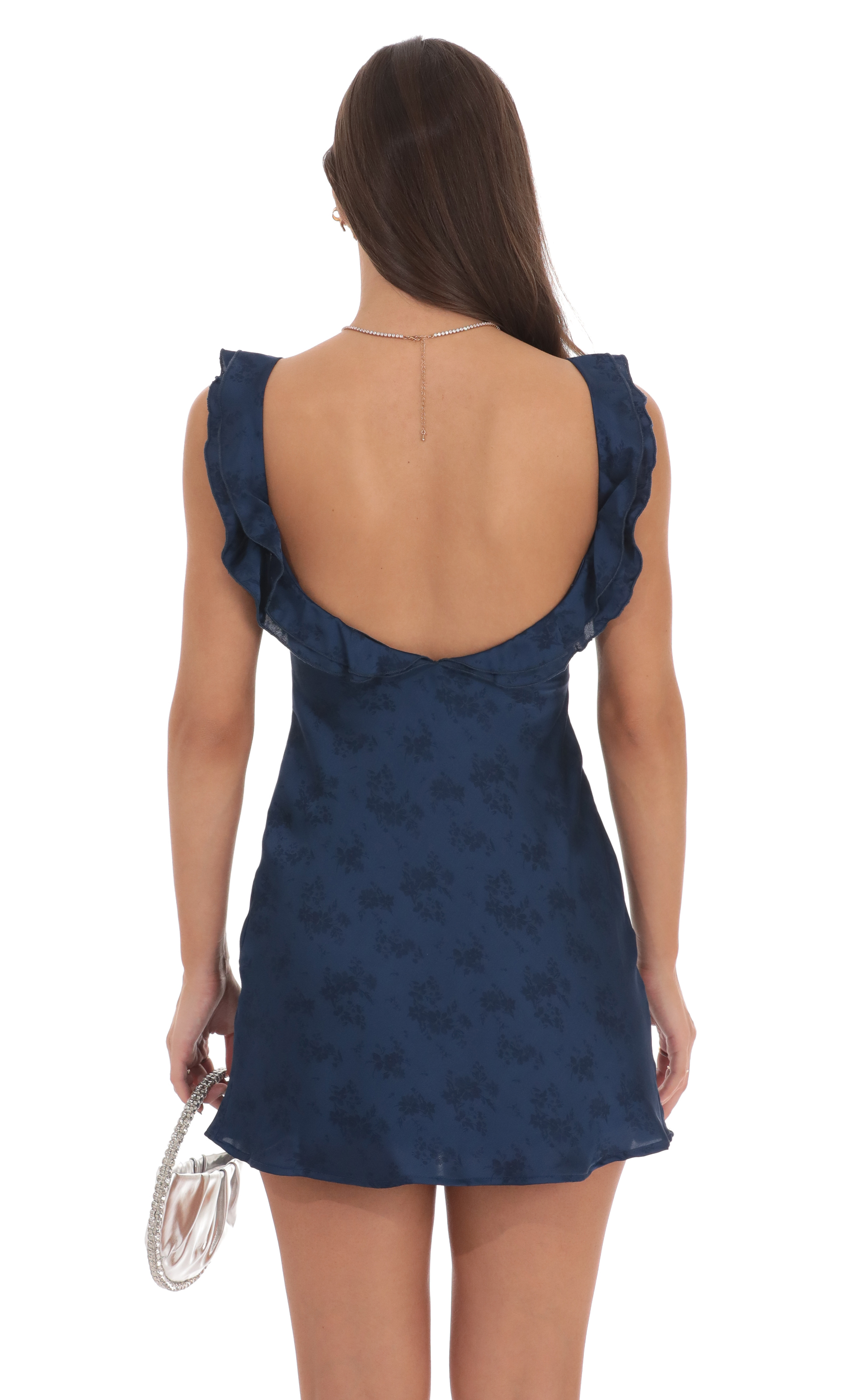 Satin Floral Open Back Slip Dress in Navy-My Sky Diva