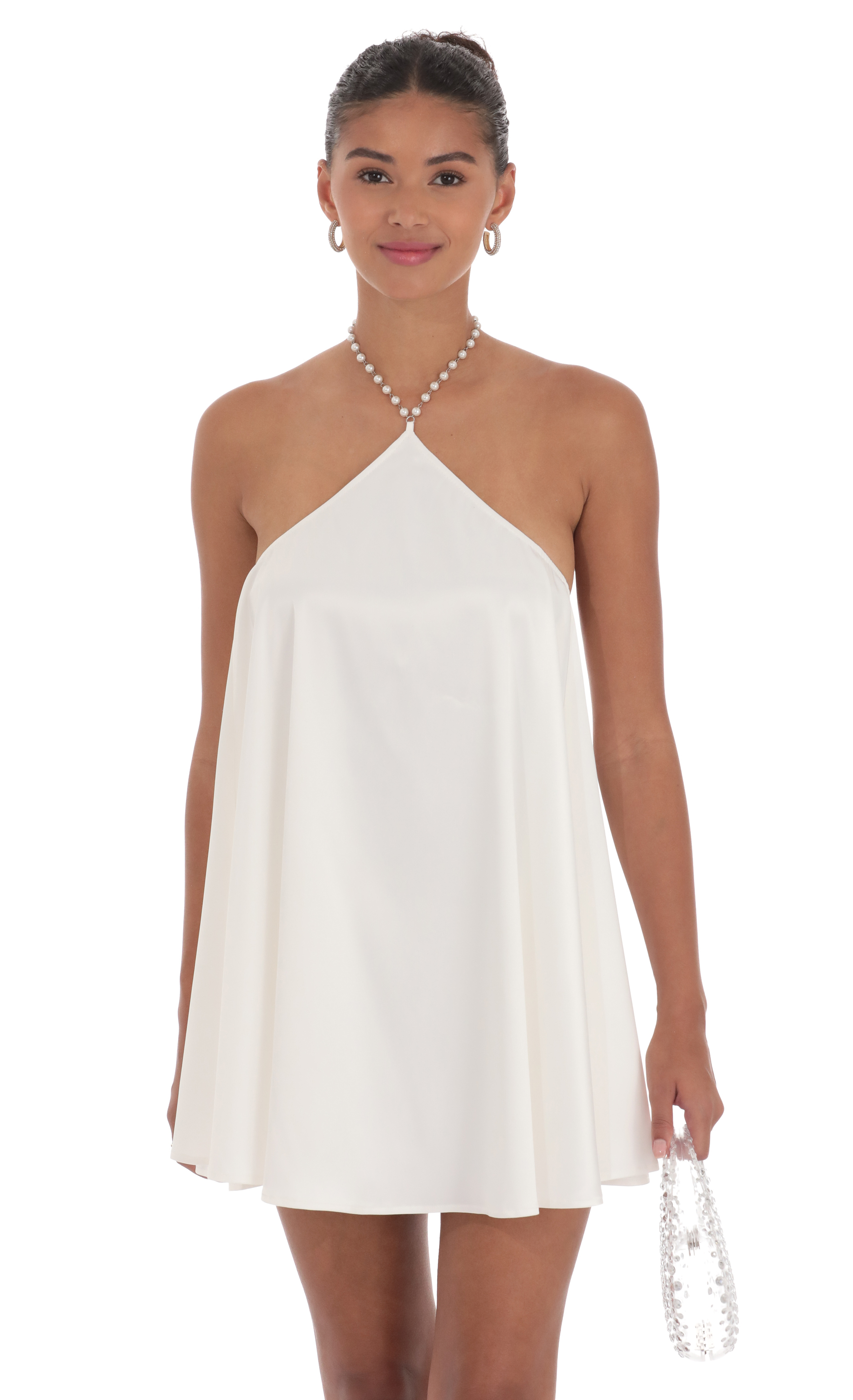 Pearl Halter Shift Dress in White-My Sky Diva