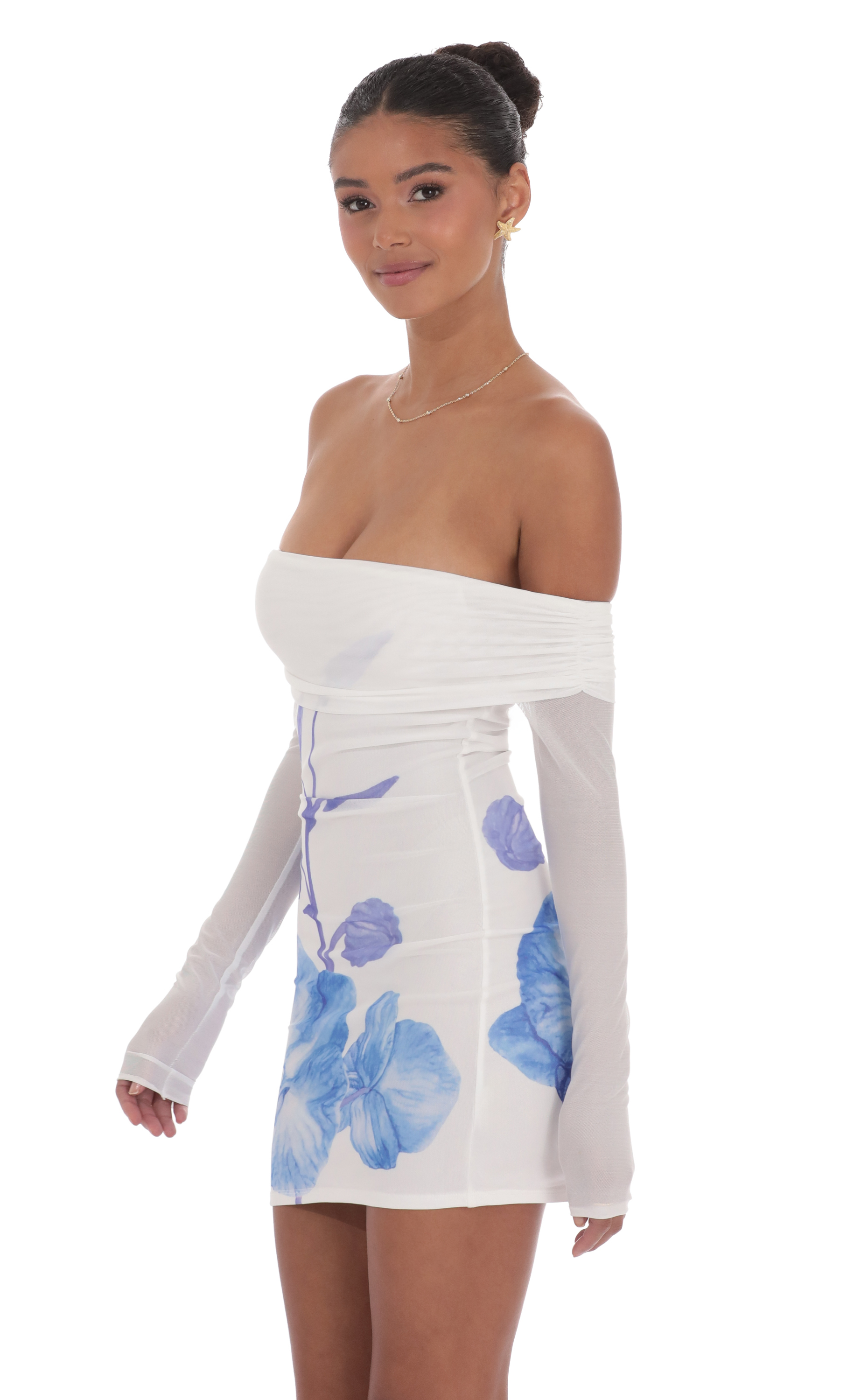 Floral Mesh Off Shoulder Dress in White-My Sky Diva