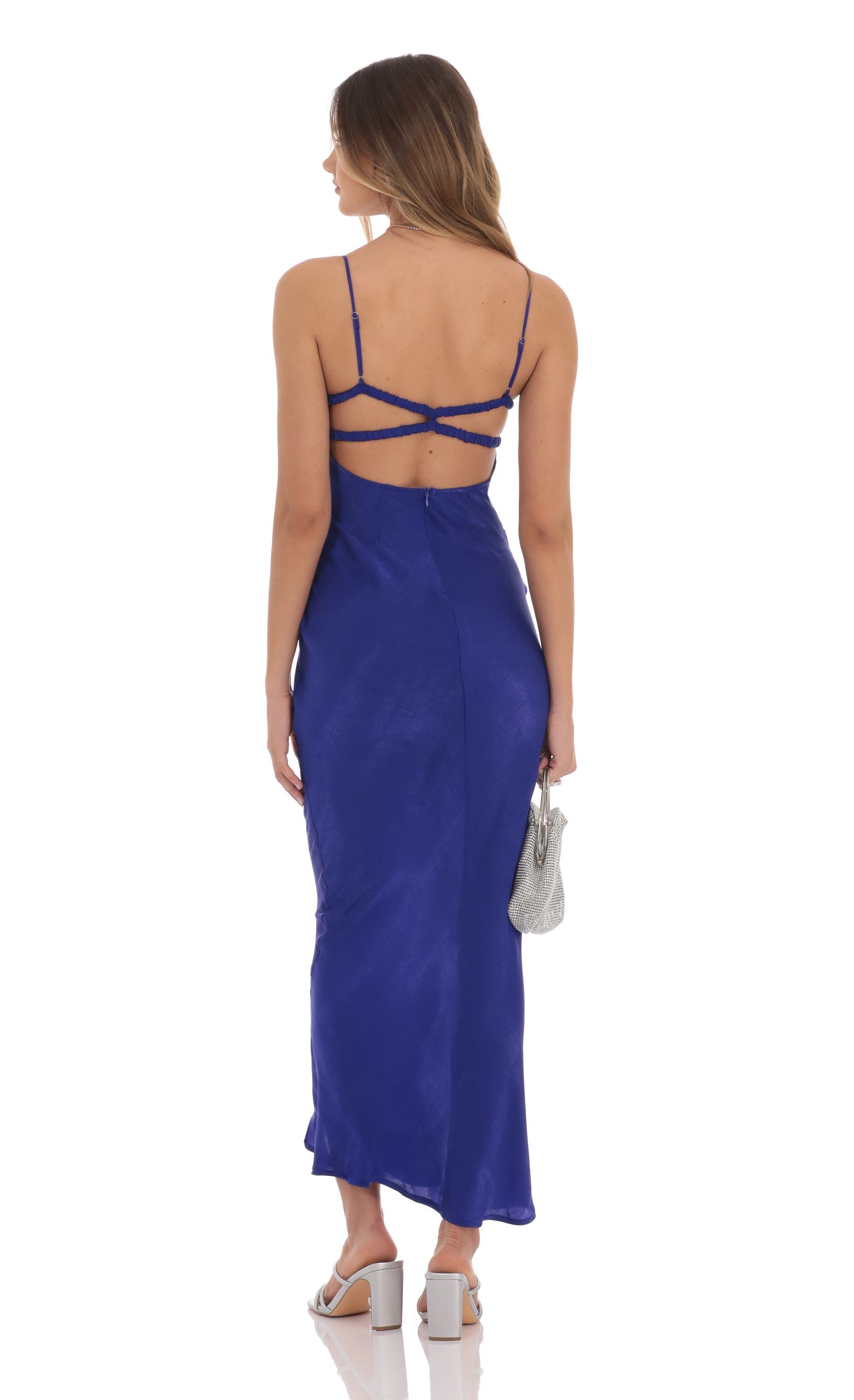 Satin Open Back Maxi Dress in Indigo-My Sky Diva
