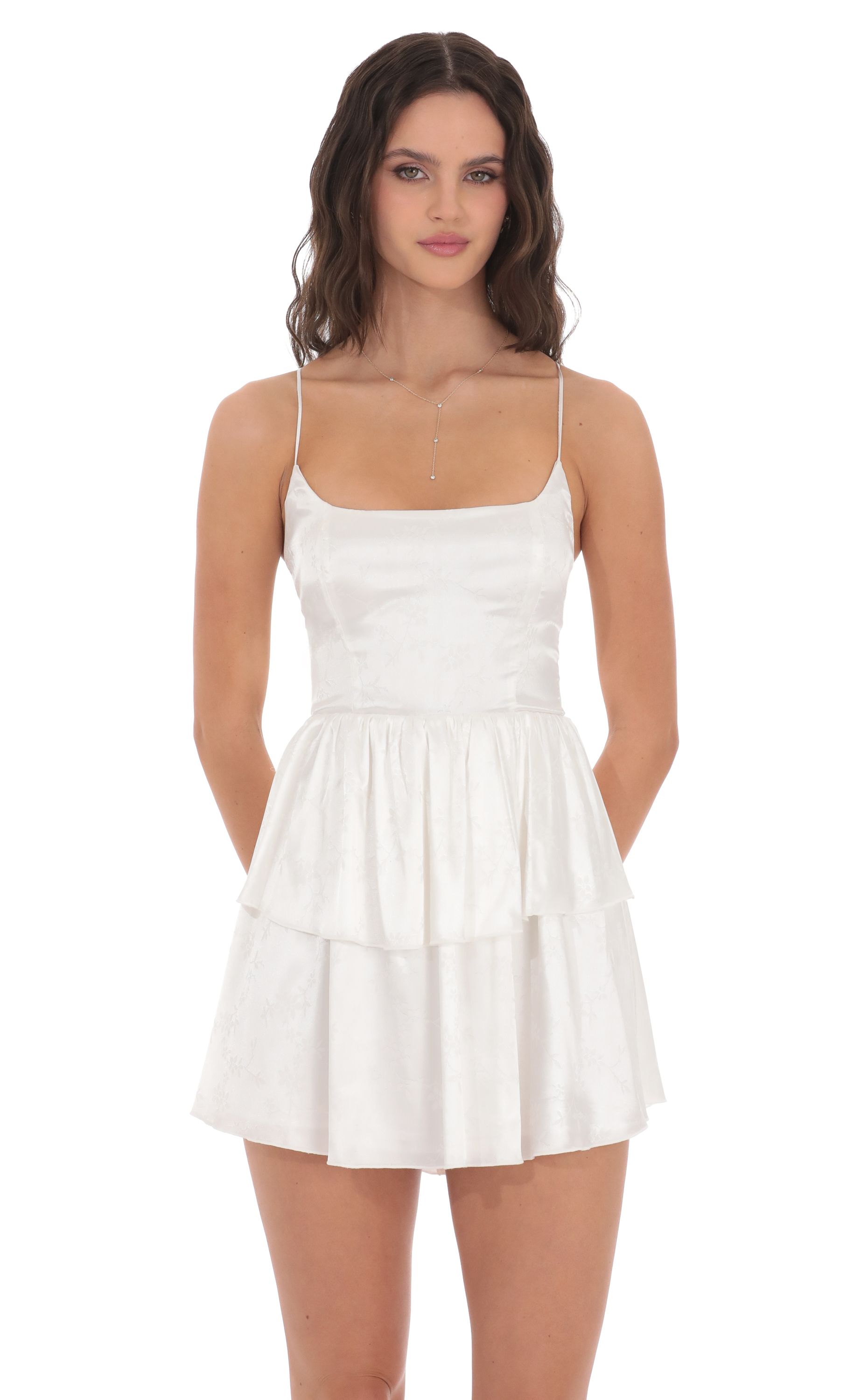 Satin Jacquard Ruffle Dress in White-My Sky Diva