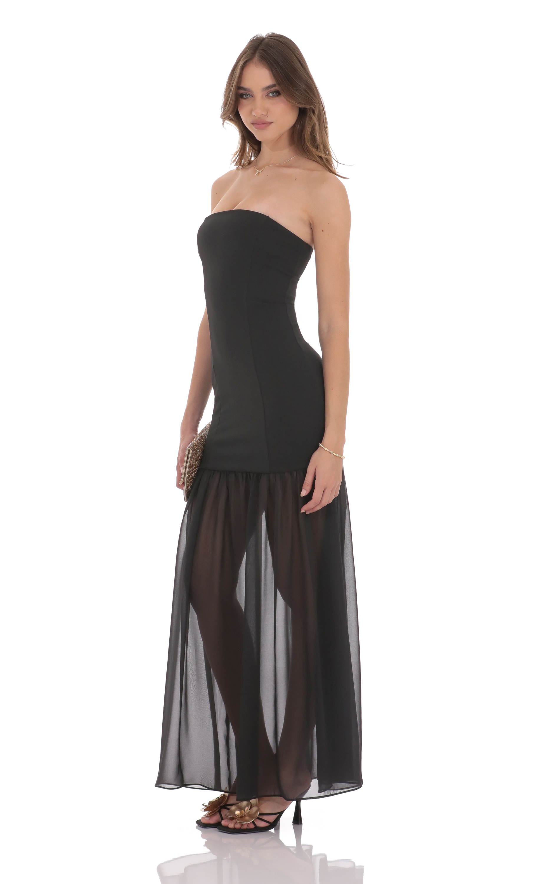 Strapless Chiffon Drop Skirt Maxi Dress in Black-My Sky Diva