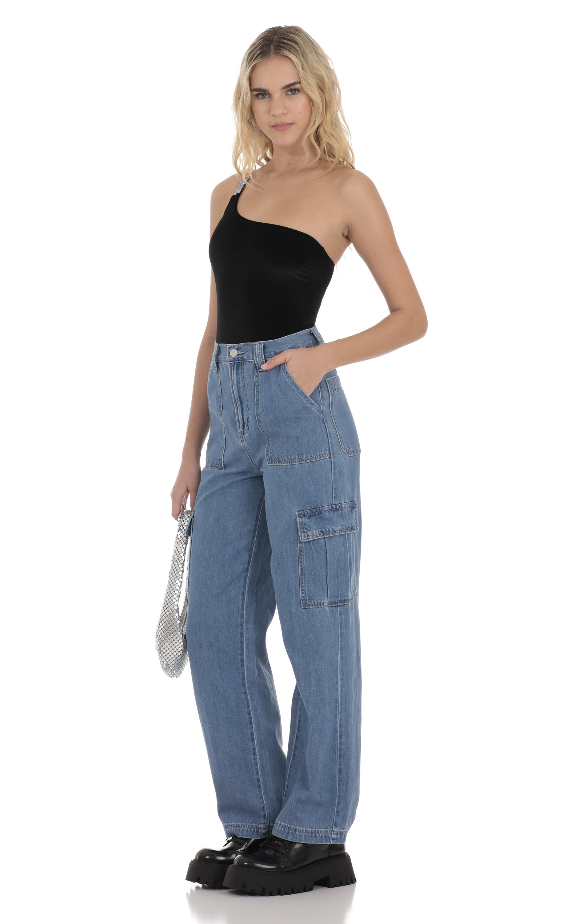 Wide Leg Cargo Jeans in Light Denim-My Sky Diva