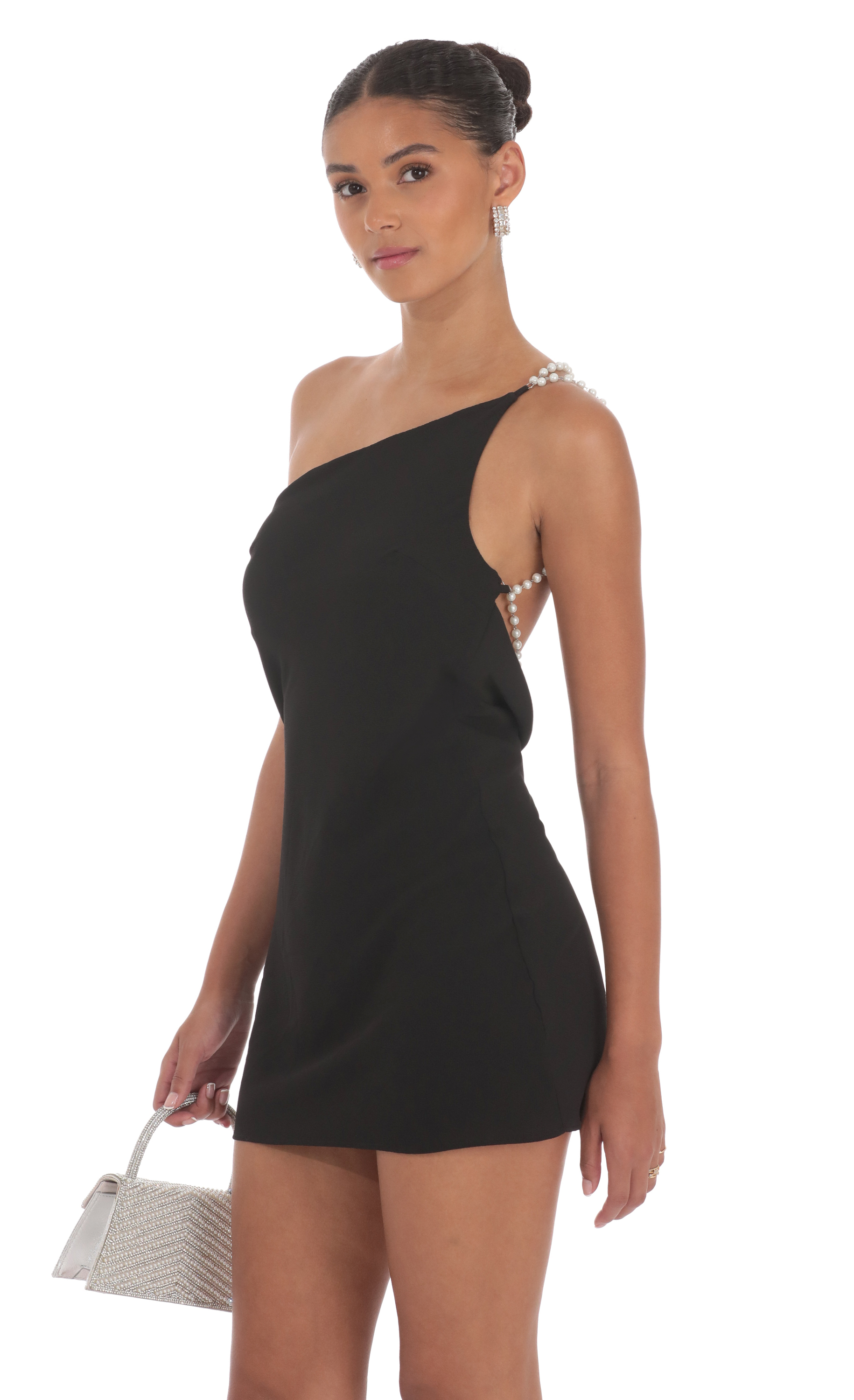 Pearl One Shoulder Satin Dress in Black-My Sky Diva