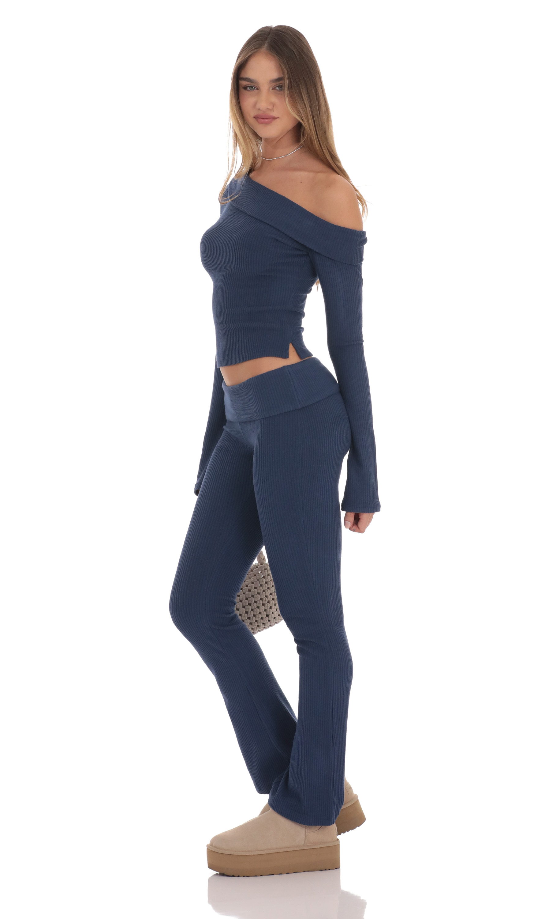 Low Rise Ribbed Flare Pants in Navy-My Sky Diva