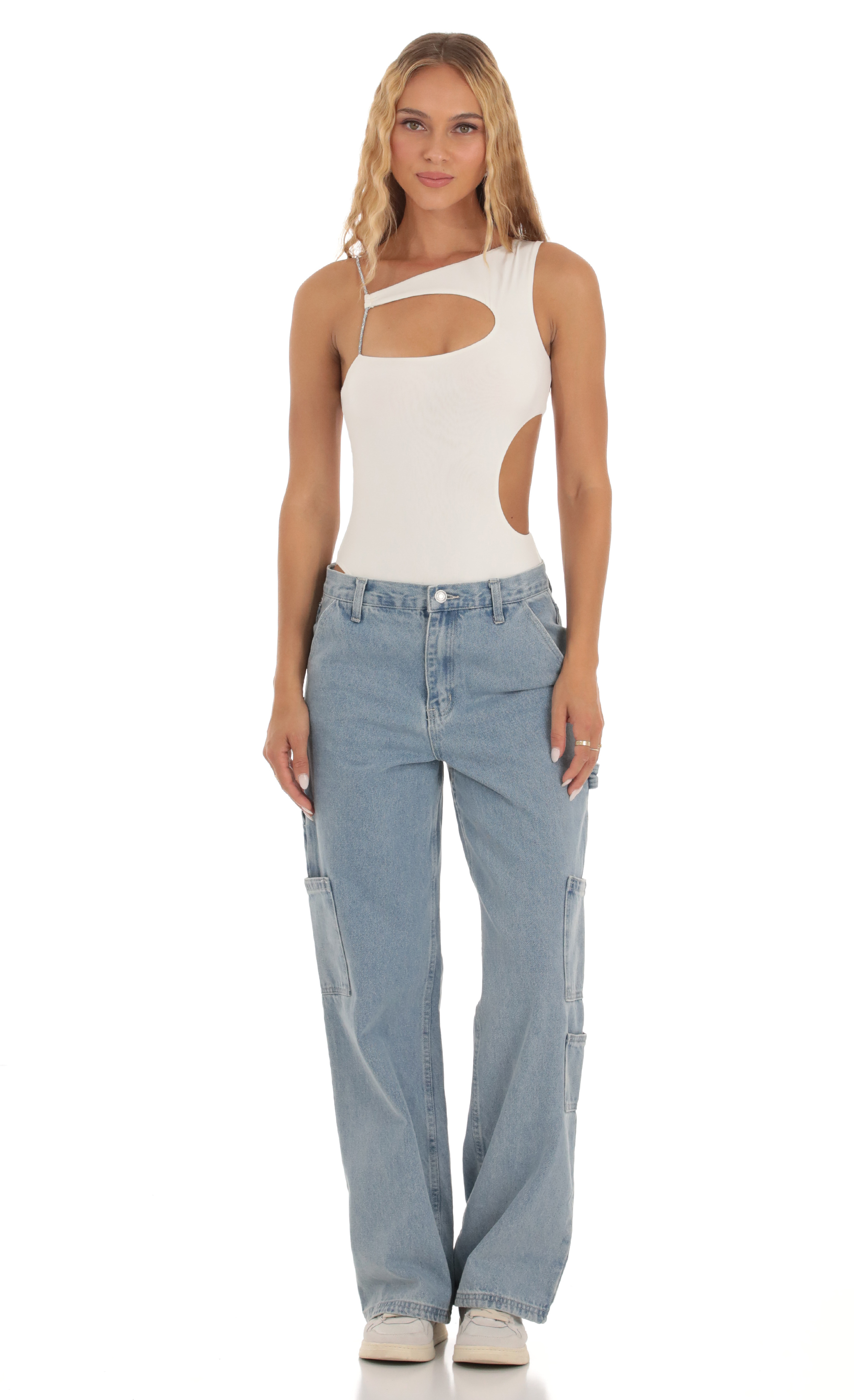 Rhinestone Cutout Bodysuit in White-My Sky Diva