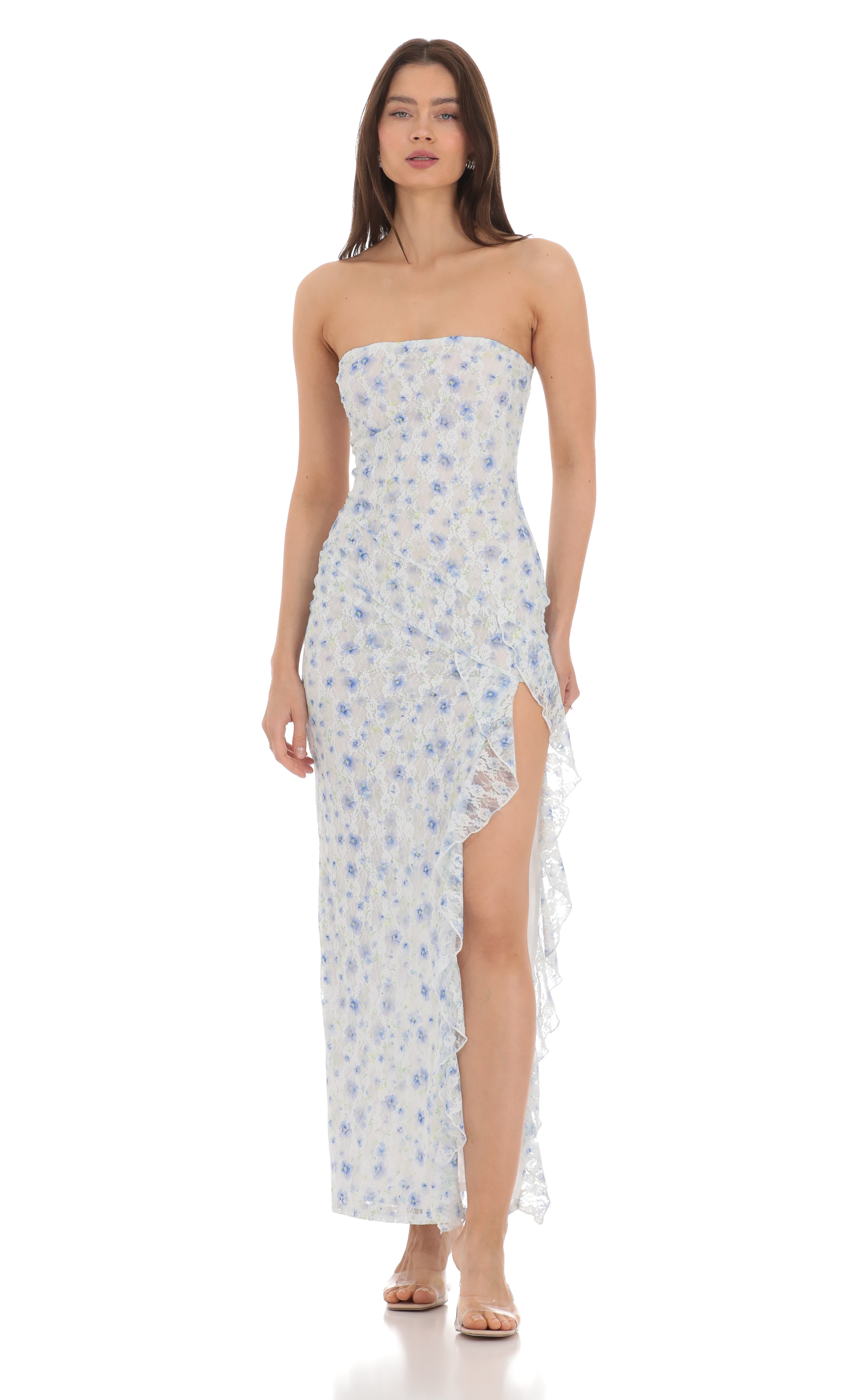 Strapless Floral Lace Ruffle Slit Dress in Pastel Blue-My Sky Diva