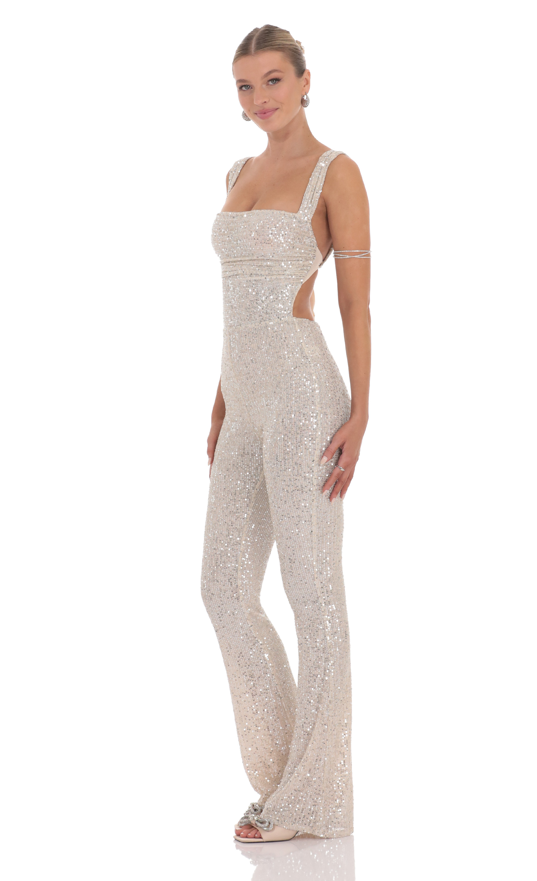 Sequin Back Tie Jumpsuit in Champagne-My Sky Diva