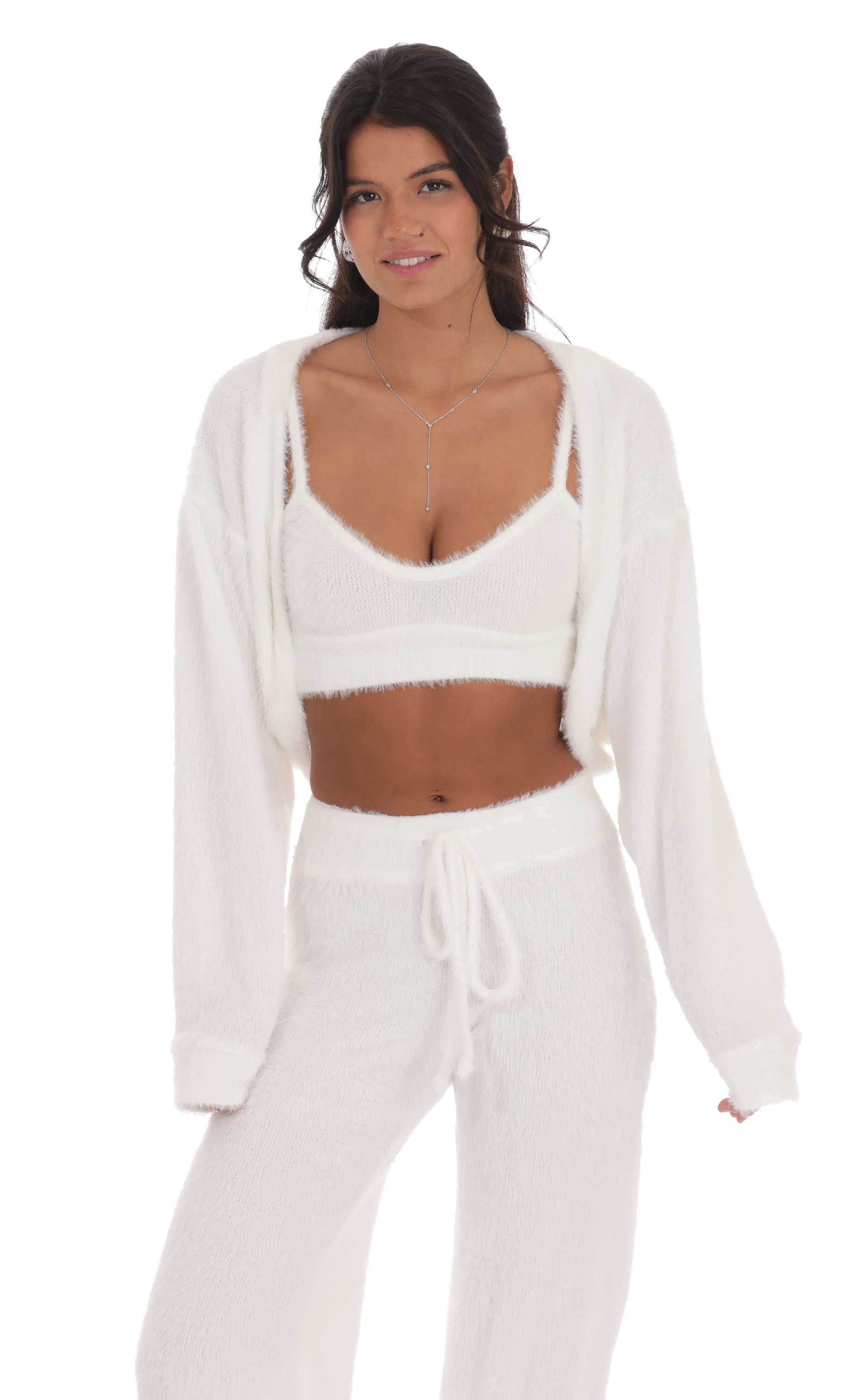 Open Fuzzy Cardigan in White-My Sky Diva